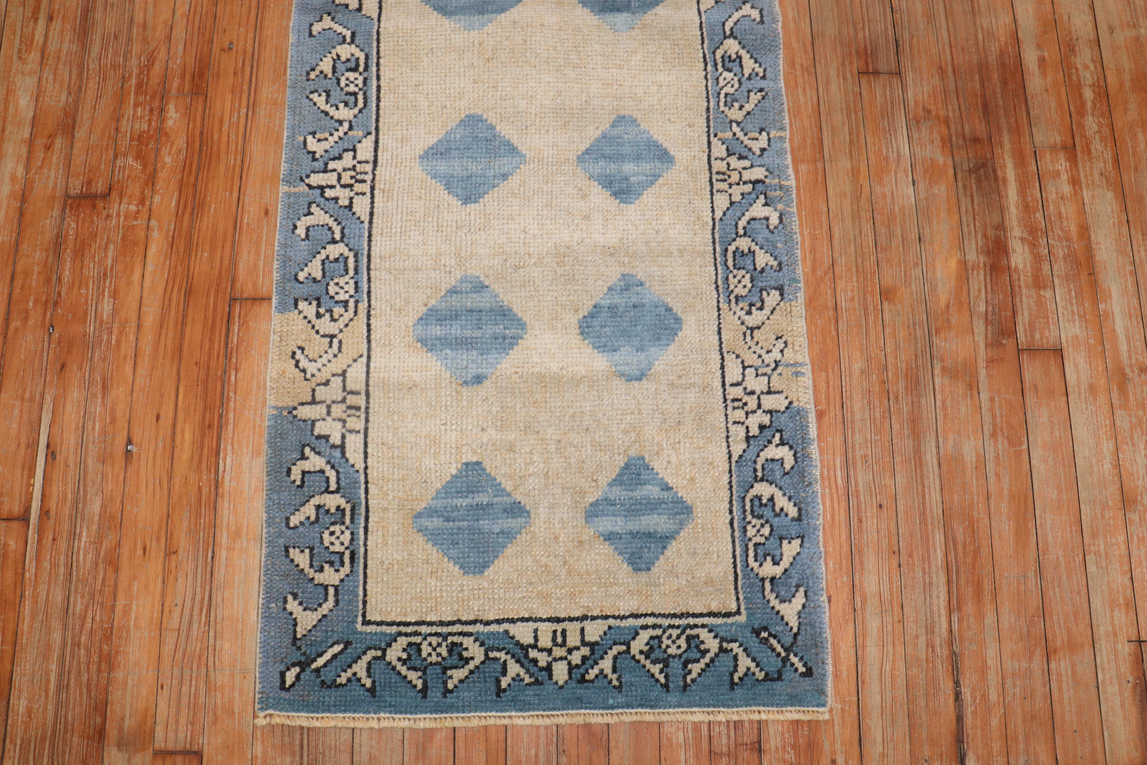 Blue Tan Small Turkish Runner In Good Condition For Sale In New York, NY