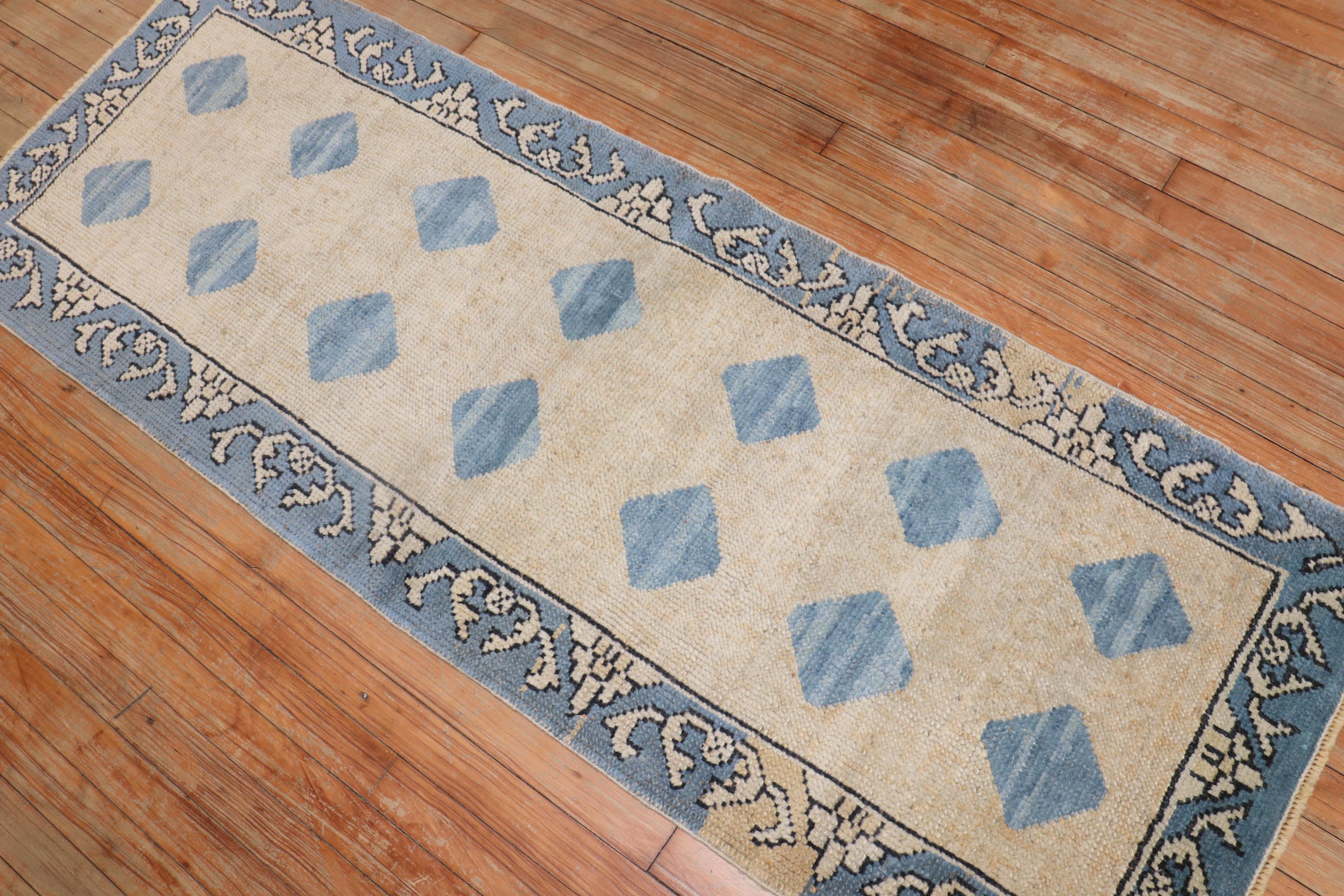 20th Century Blue Tan Small Turkish Runner For Sale