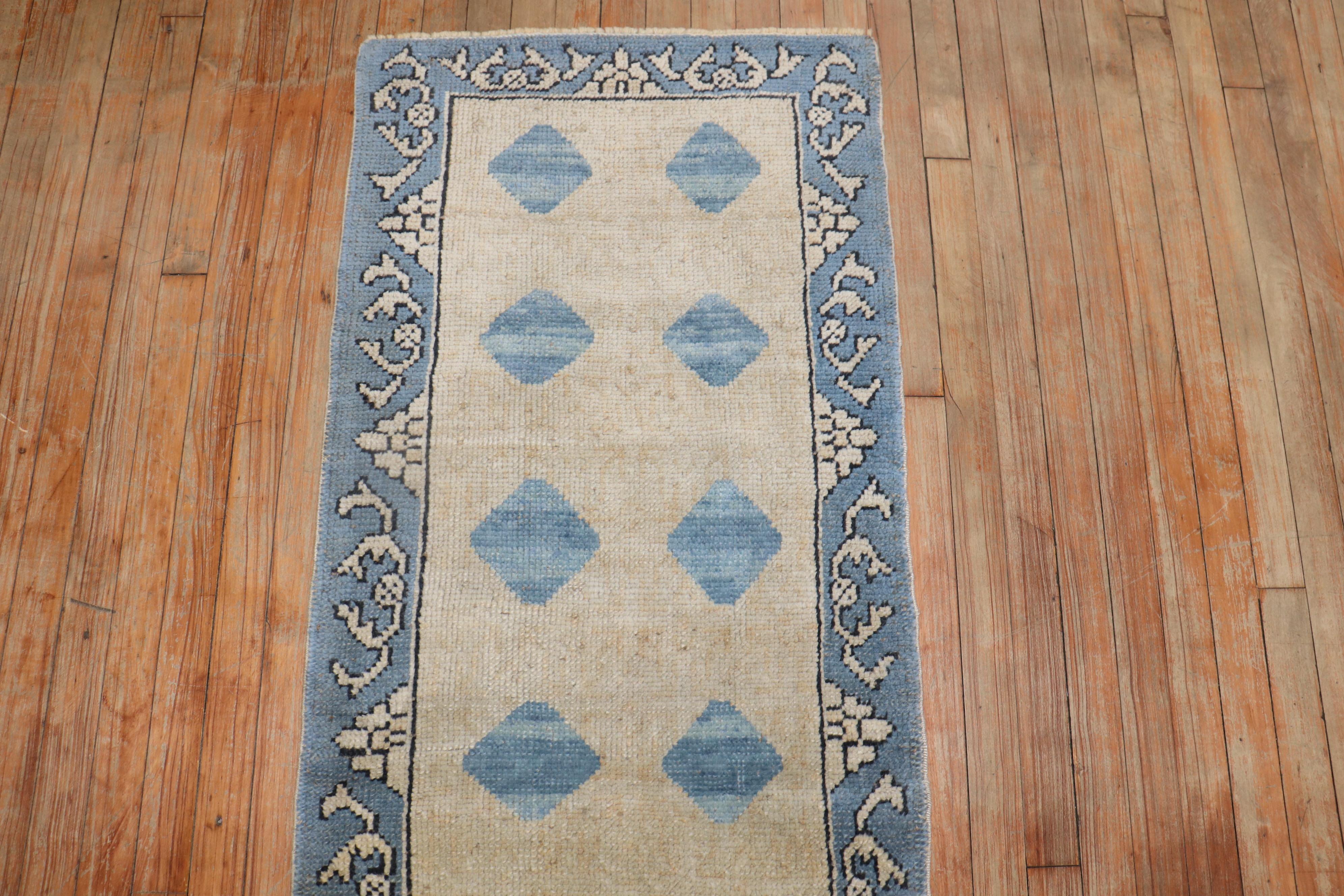 Wool Blue Tan Small Turkish Runner For Sale