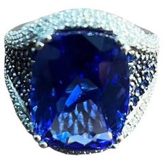 Blue Tanzanite Cushion Cut Blue Sapphire White Diamonds Pave 14K White Gold Ring