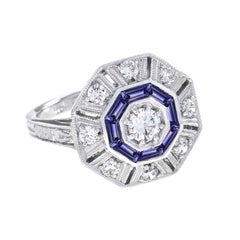 Blue Tanzanite & Diamond Art Deco Style Target Hexagon Shape 18K White Gold Ring