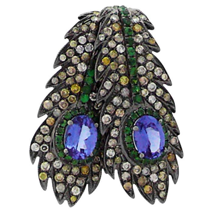 Ciondolo in oro rosa 18 carati con tanzanite blu, granato verde e diamante fantasia in vendita