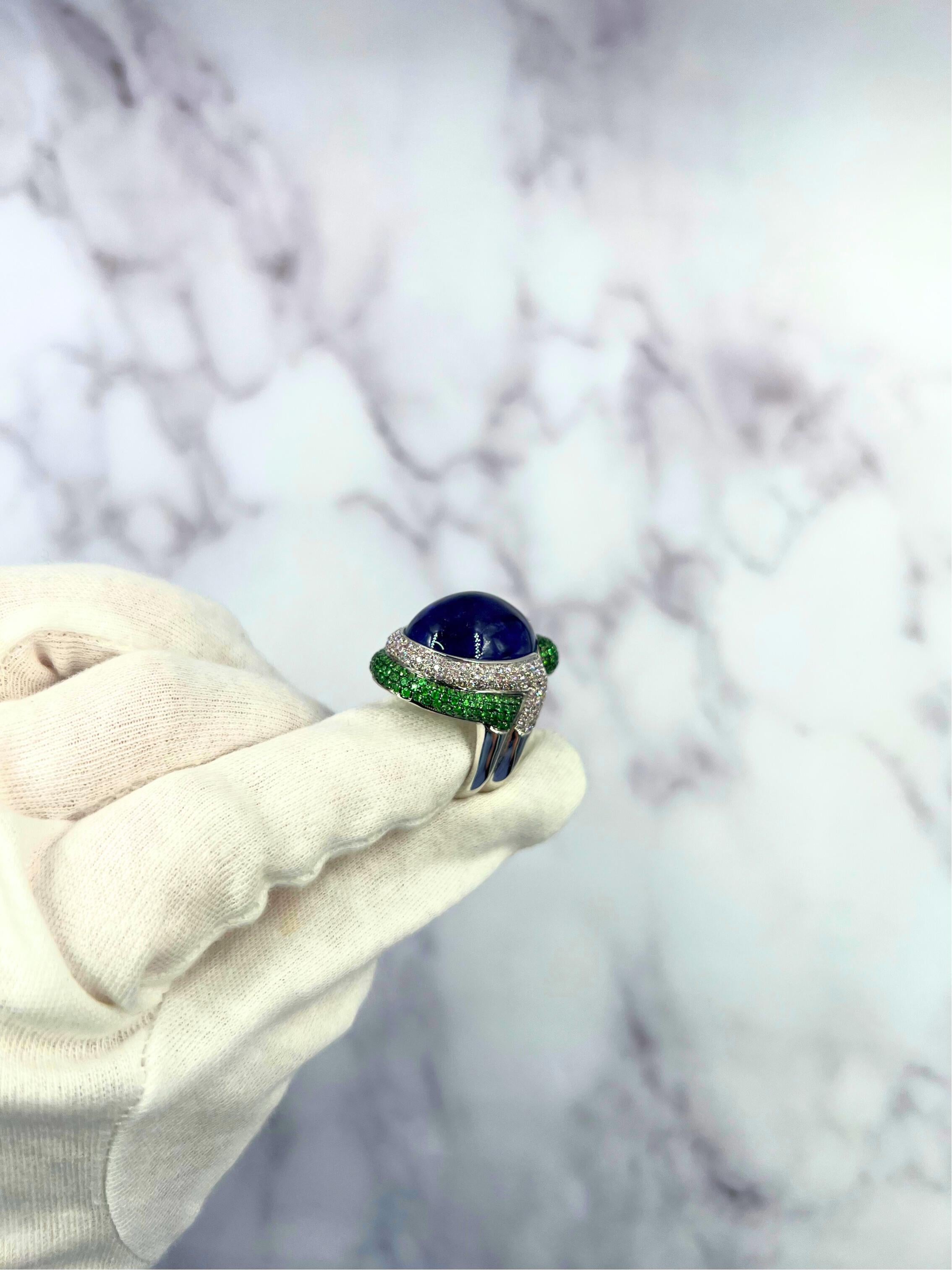Blue Tanzanite Oval Cabochon Diamonds Tsavorites Pave 18k White Gold Unique Ring For Sale 10