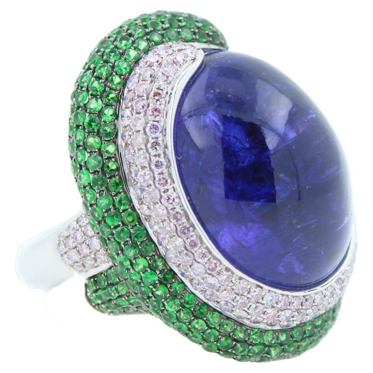 Bague Argent Massif 925 Et Vermeil Pierre De Lune, Tanzanites, Tsavorites - Taille 56 - Occasion Très Bon état