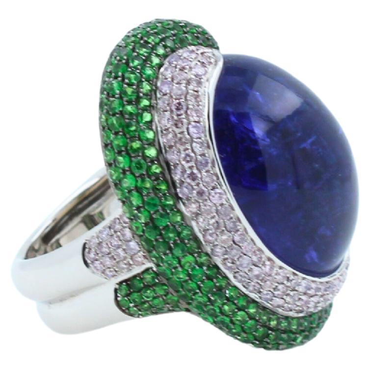 Blue Tanzanite Oval Cabochon Diamonds Tsavorites Pave 18k White Gold Unique Ring In New Condition For Sale In Oakton, VA