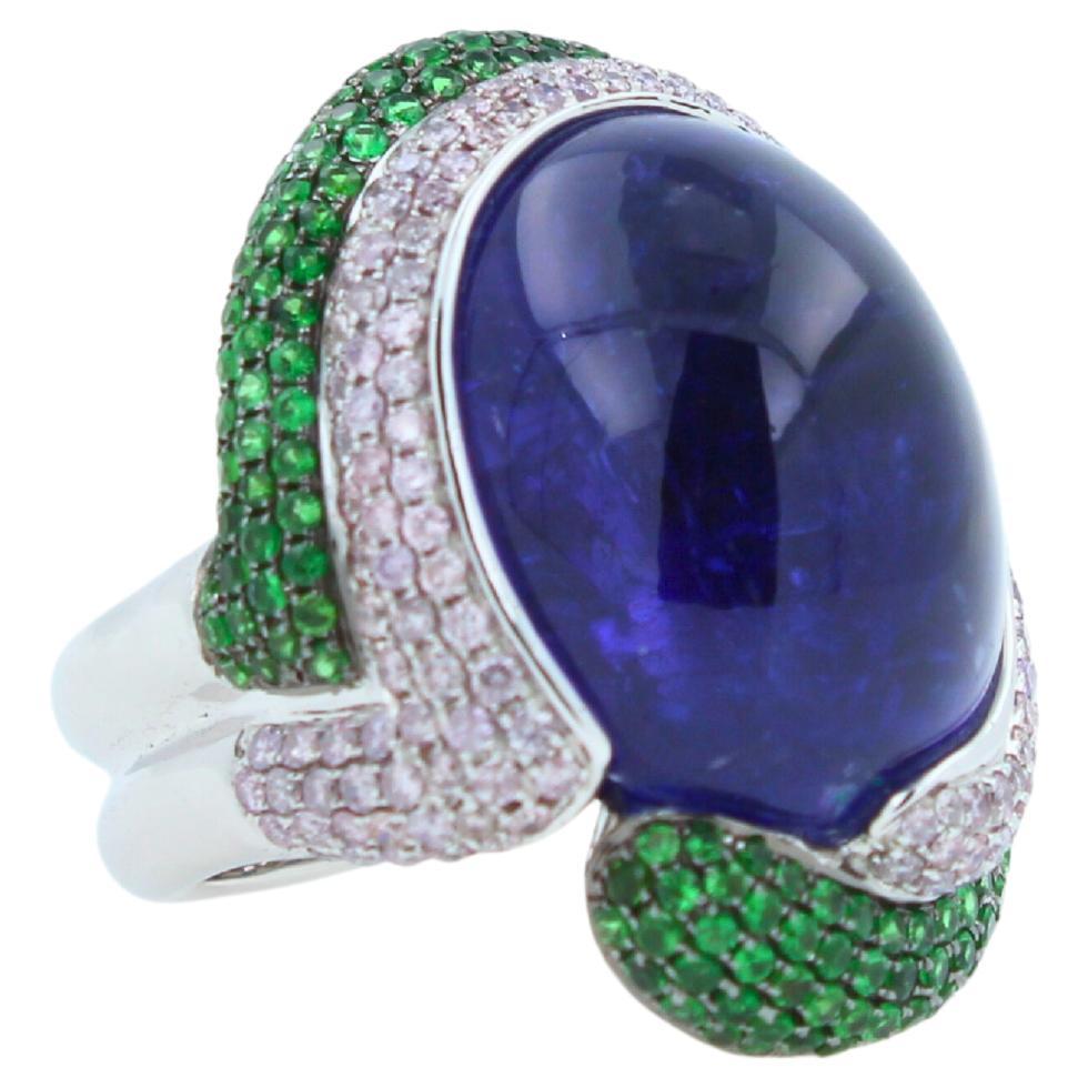 Blue Tanzanite Oval Cabochon Diamonds Tsavorites Pave 18k White Gold Unique Ring For Sale 1