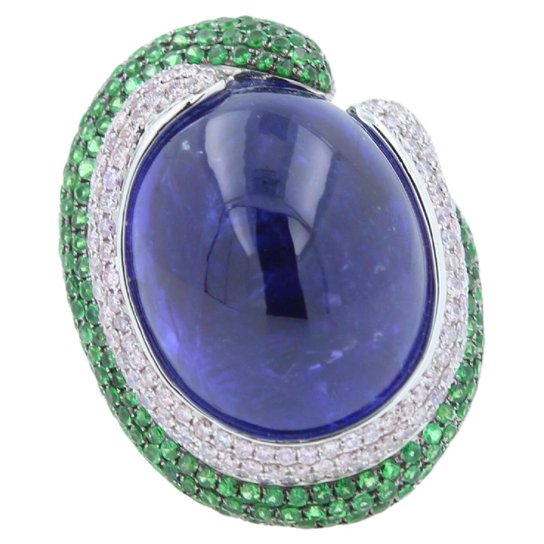 Blue Tanzanite Oval Cabochon Diamonds Tsavorites Pave 18k White Gold Unique Ring