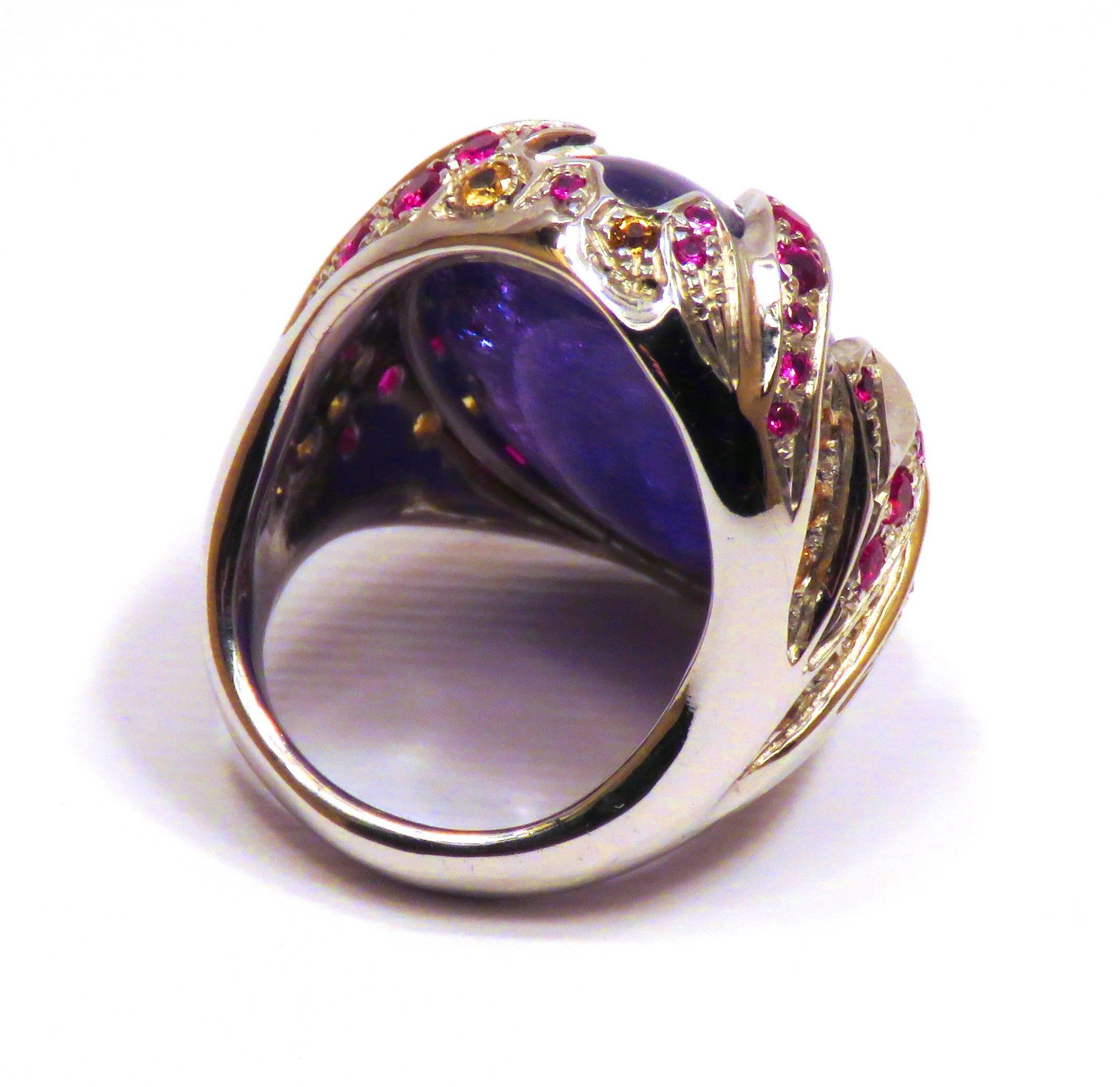 Tanzanite Rubies Yellow Sapphires 18 Karat White Gold Cocktail Ring Handcrafted For Sale 5