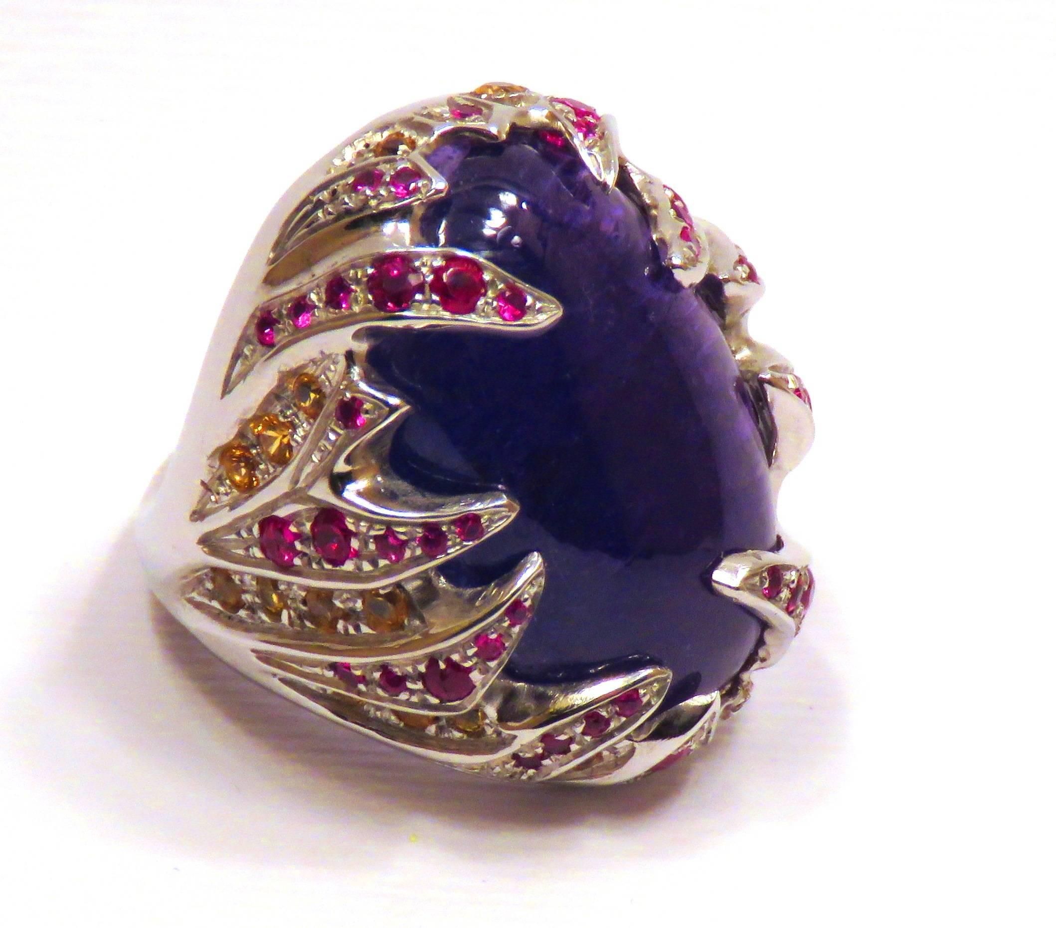 Cabochon Tanzanite Rubies Yellow Sapphires 18 Karat White Gold Cocktail Ring Handcrafted For Sale