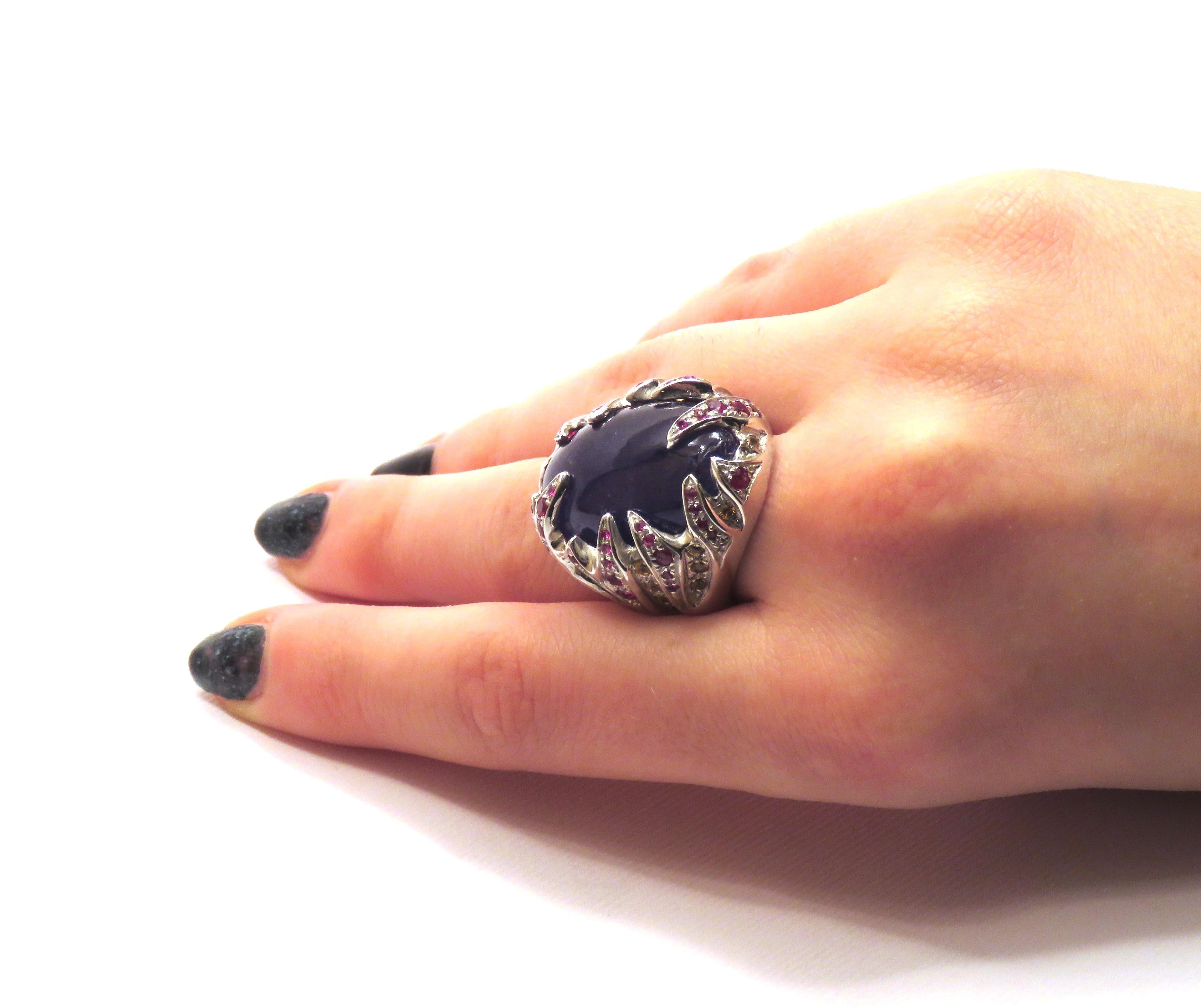 Tanzanite Rubies Yellow Sapphires 18 Karat White Gold Cocktail Ring Handcrafted For Sale 3