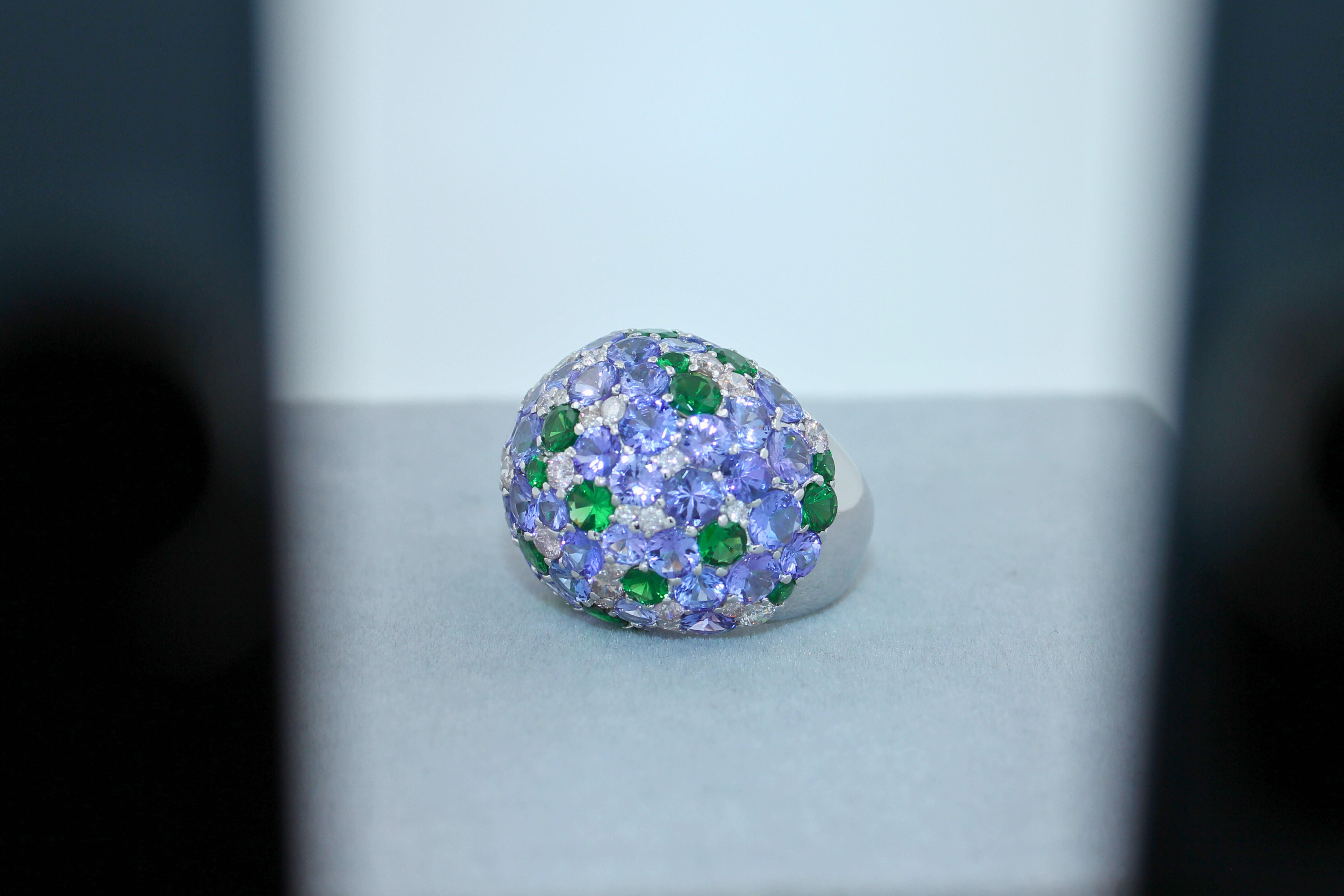 Blue Tanzanite Tsavorite Diamond Pave Sky Dome Chunky 18 Karat White Gold Ring For Sale 6
