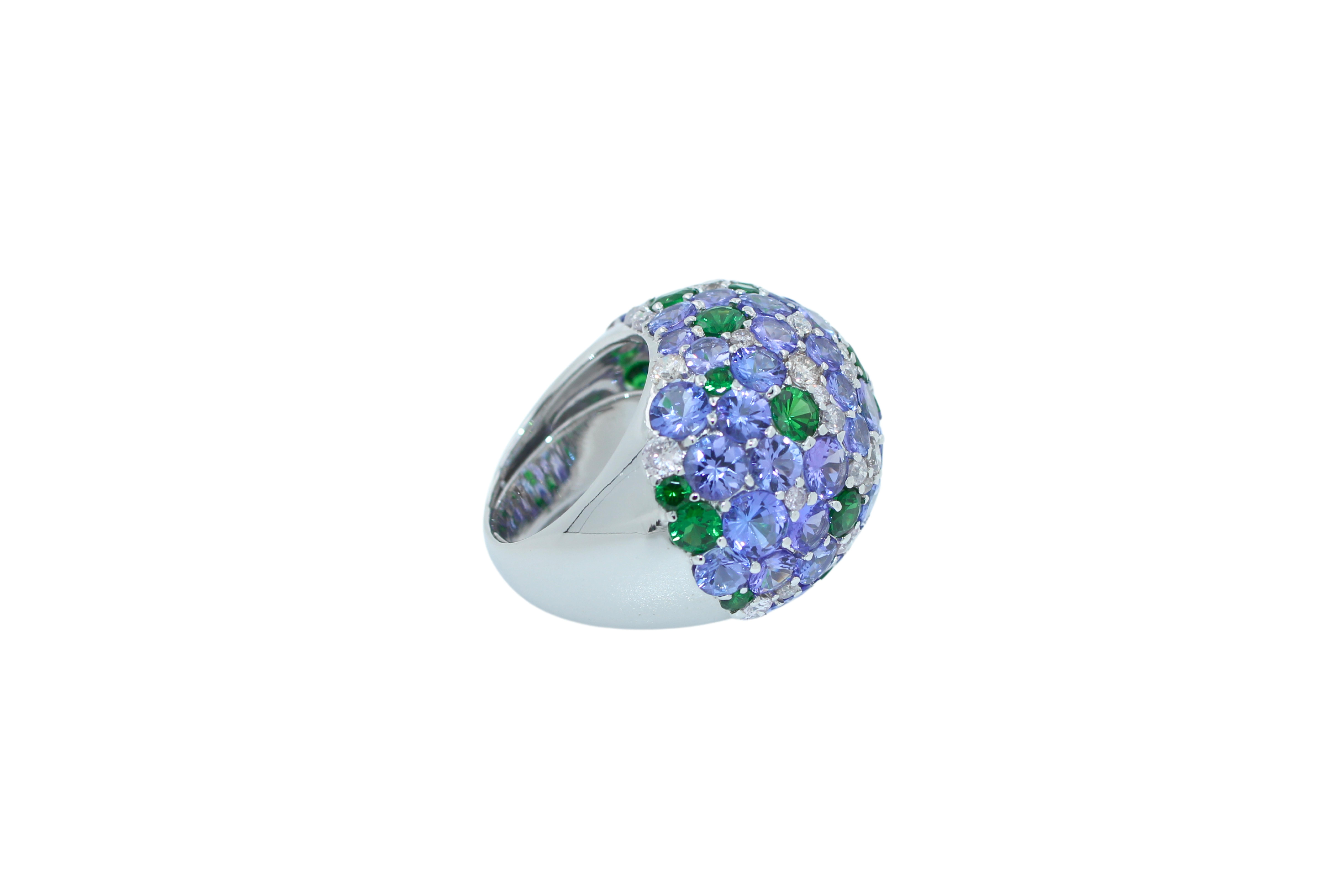 Modern Blue Tanzanite Tsavorite Diamond Pave Sky Dome Chunky 18 Karat White Gold Ring For Sale