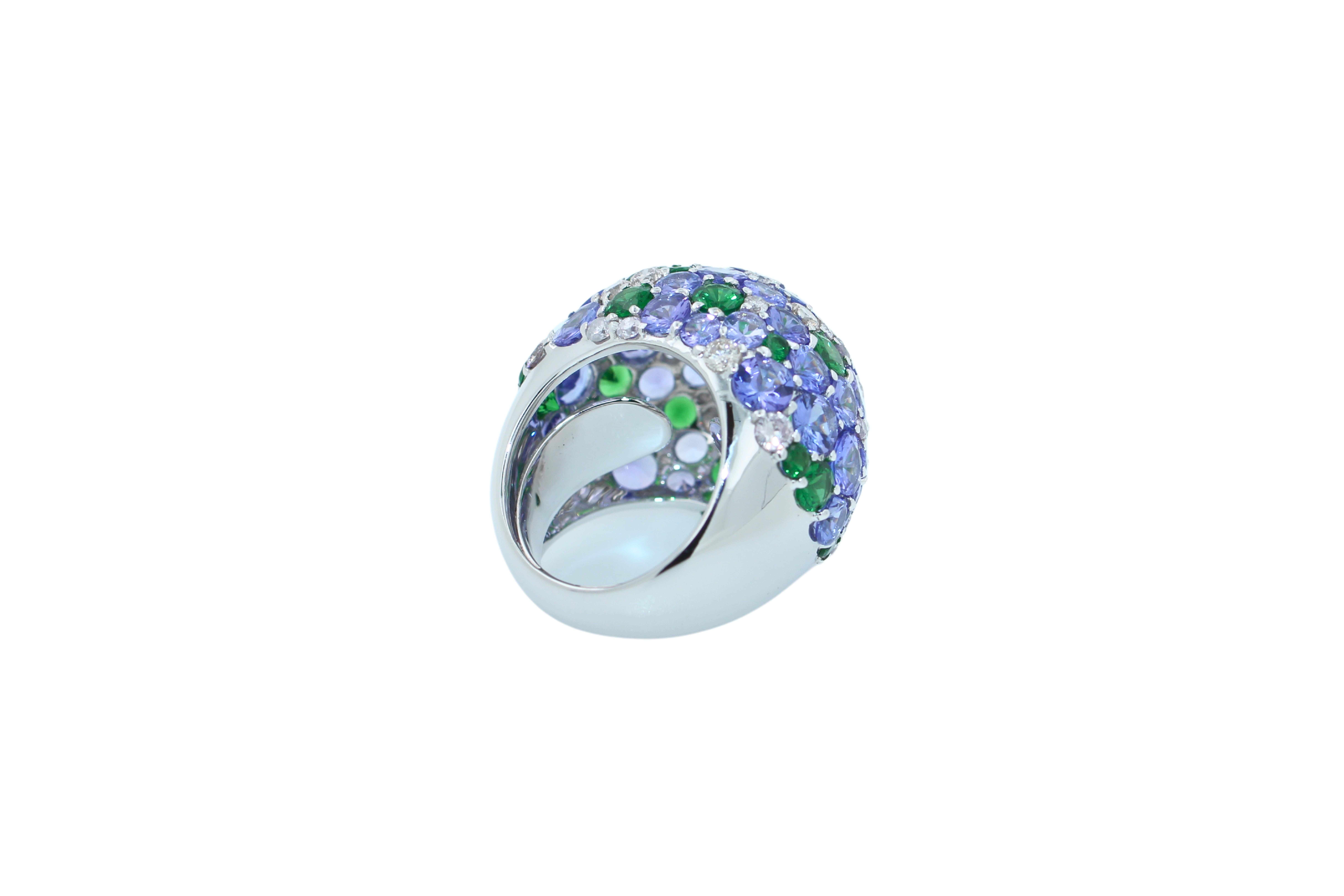 Brilliant Cut Blue Tanzanite Tsavorite Diamond Pave Sky Dome Chunky 18 Karat White Gold Ring For Sale