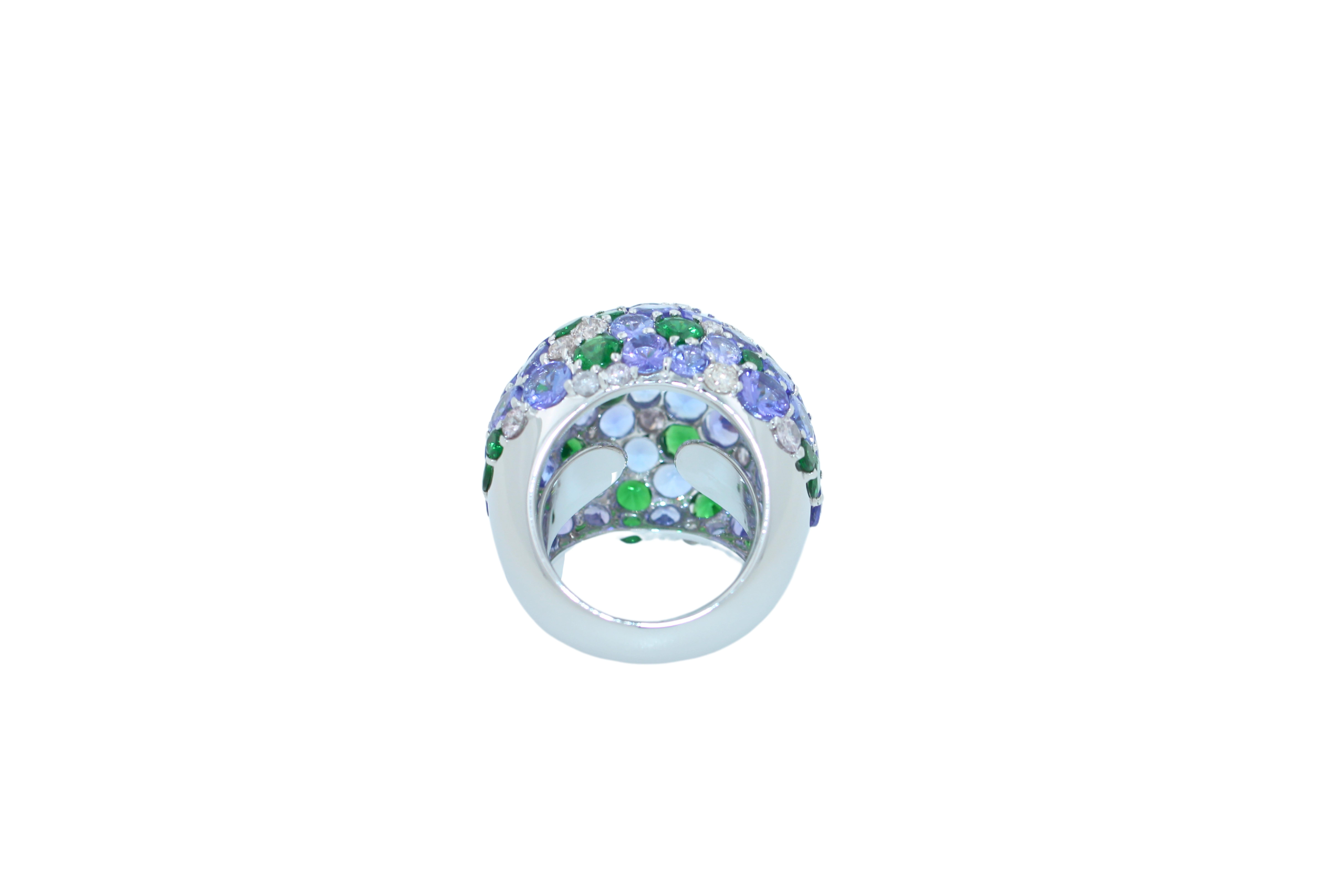 Blue Tanzanite Tsavorite Diamond Pave Sky Dome Chunky 18 Karat White Gold Ring In New Condition For Sale In Oakton, VA