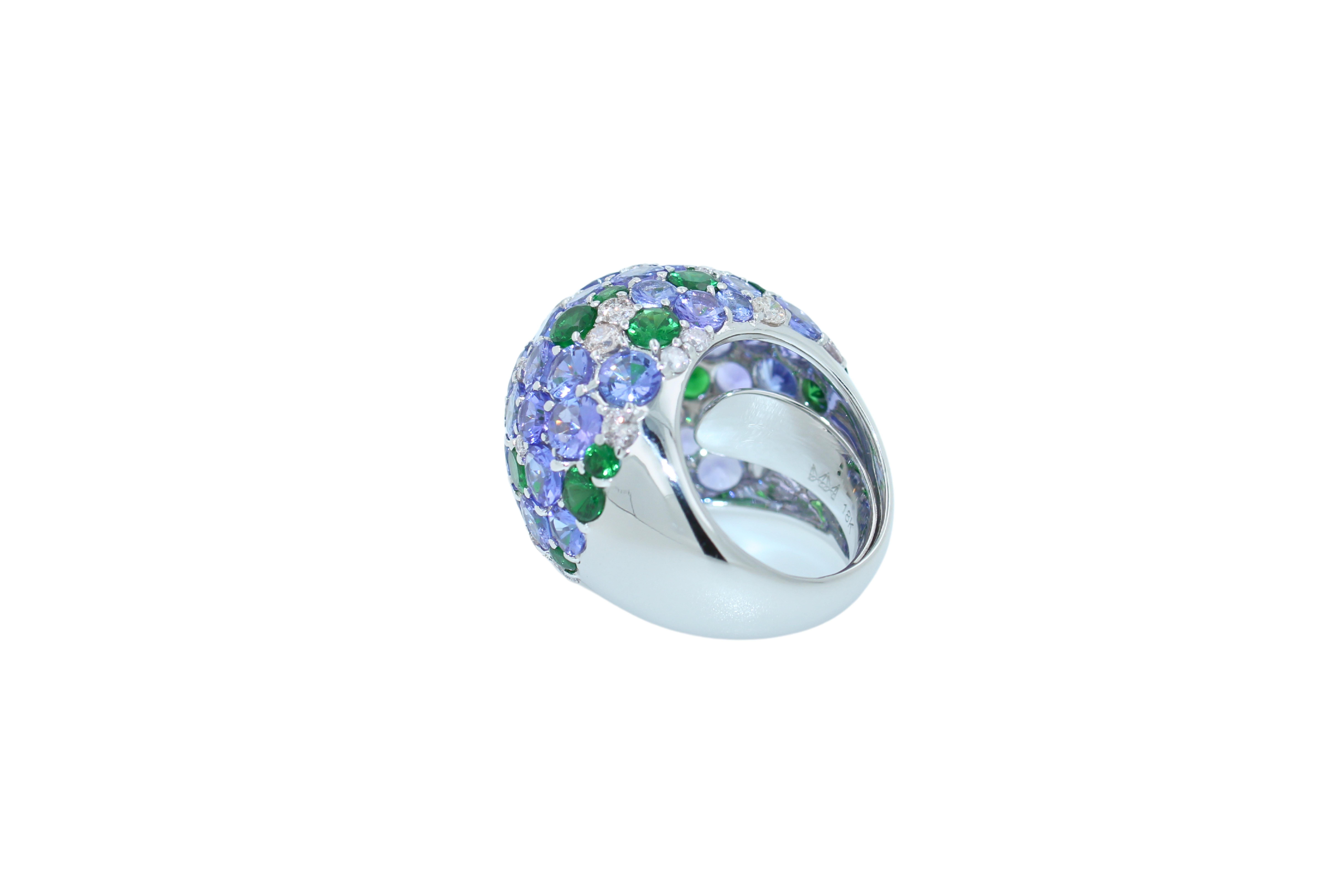 Women's or Men's Blue Tanzanite Tsavorite Diamond Pave Sky Dome Chunky 18 Karat White Gold Ring For Sale