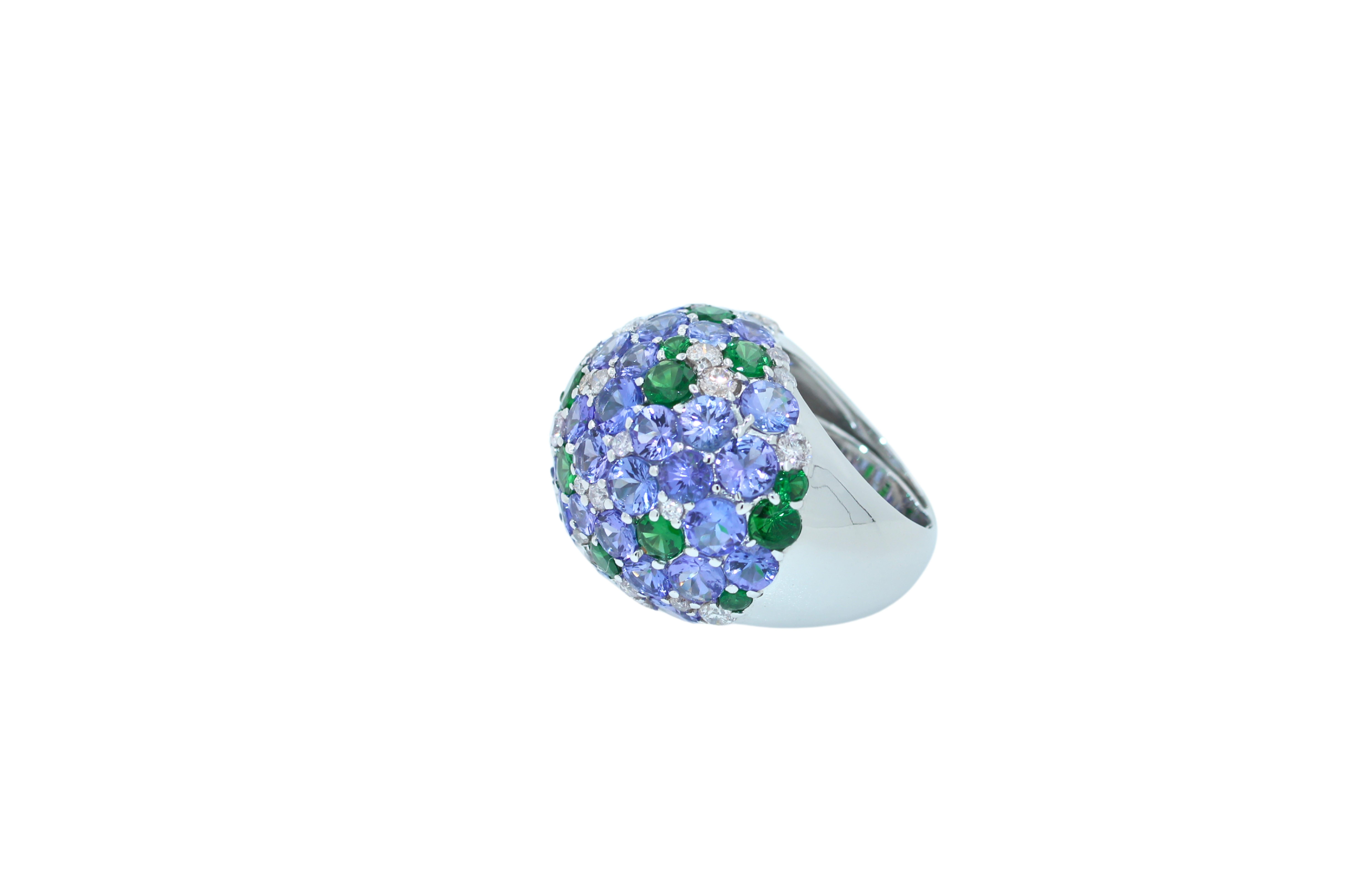 Blue Tanzanite Tsavorite Diamond Pave Sky Dome Chunky 18 Karat White Gold Ring For Sale 1