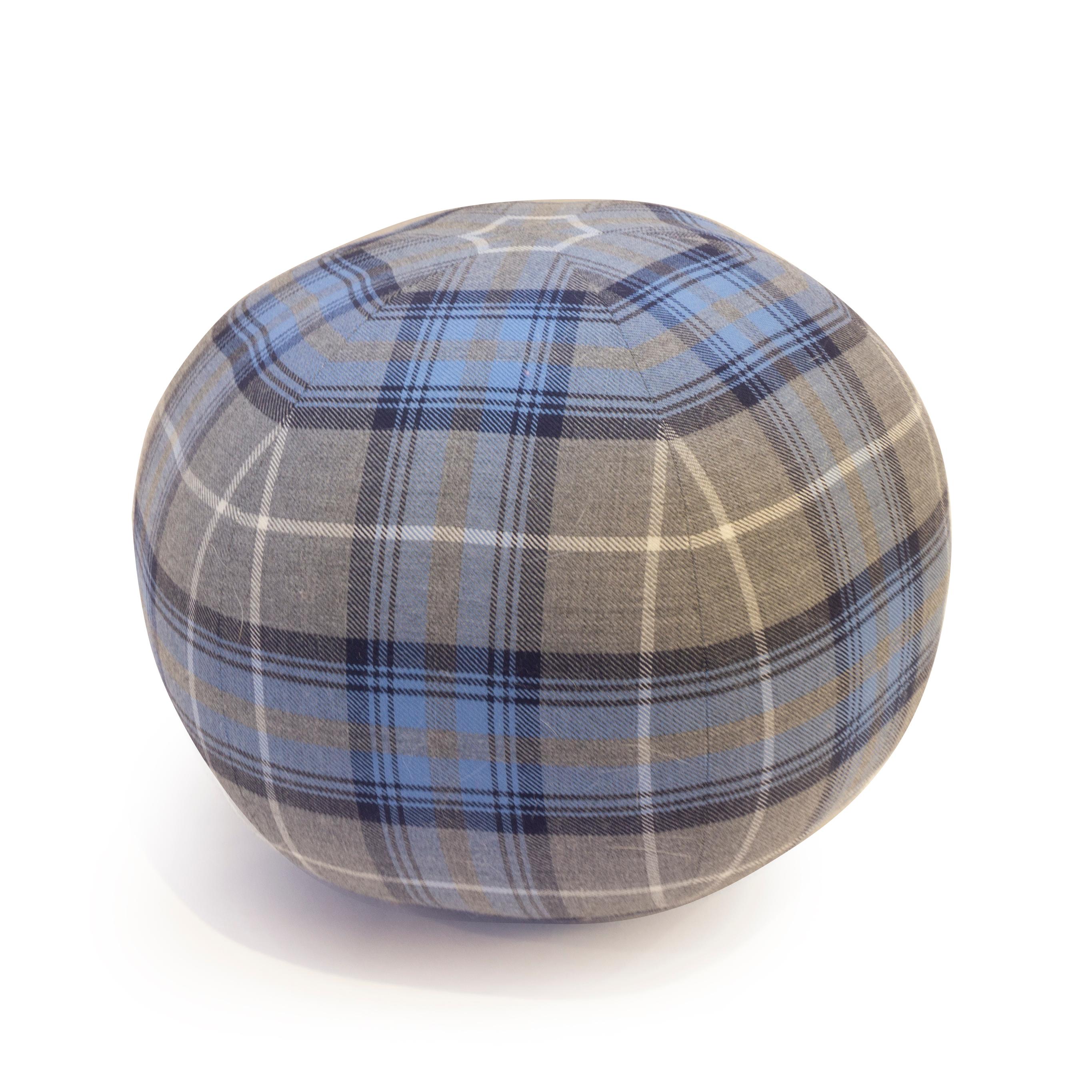 A round ball throw pillow hand sewn in a blue tartan plaid design. All pillows are handmade in our studio in Norwalk, Connecticut. 

Measurements: 10