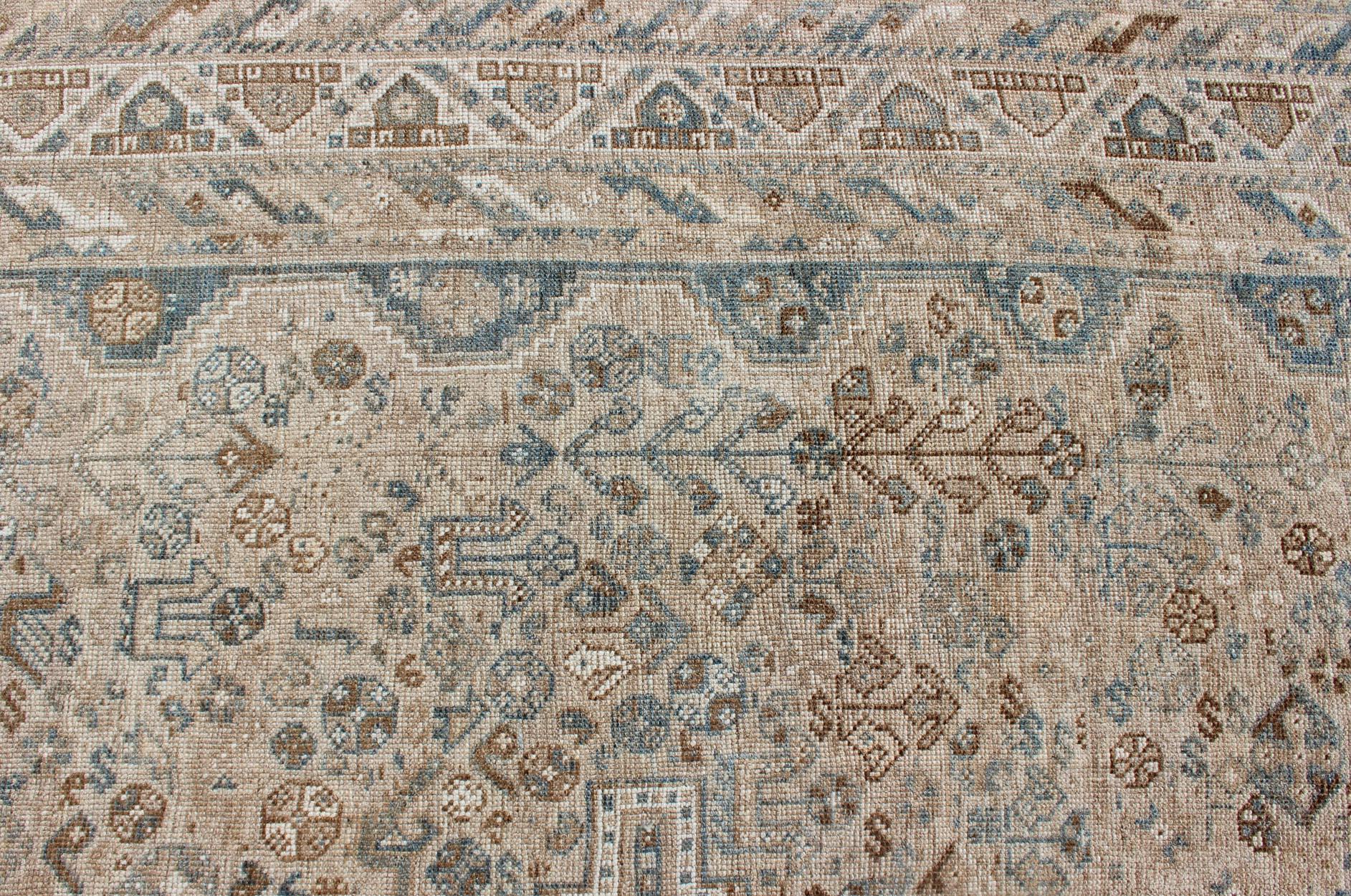 Blue/Taupe/ an Antique Persian Shiraz Rug with Tribal Geometric Medallions For Sale 4