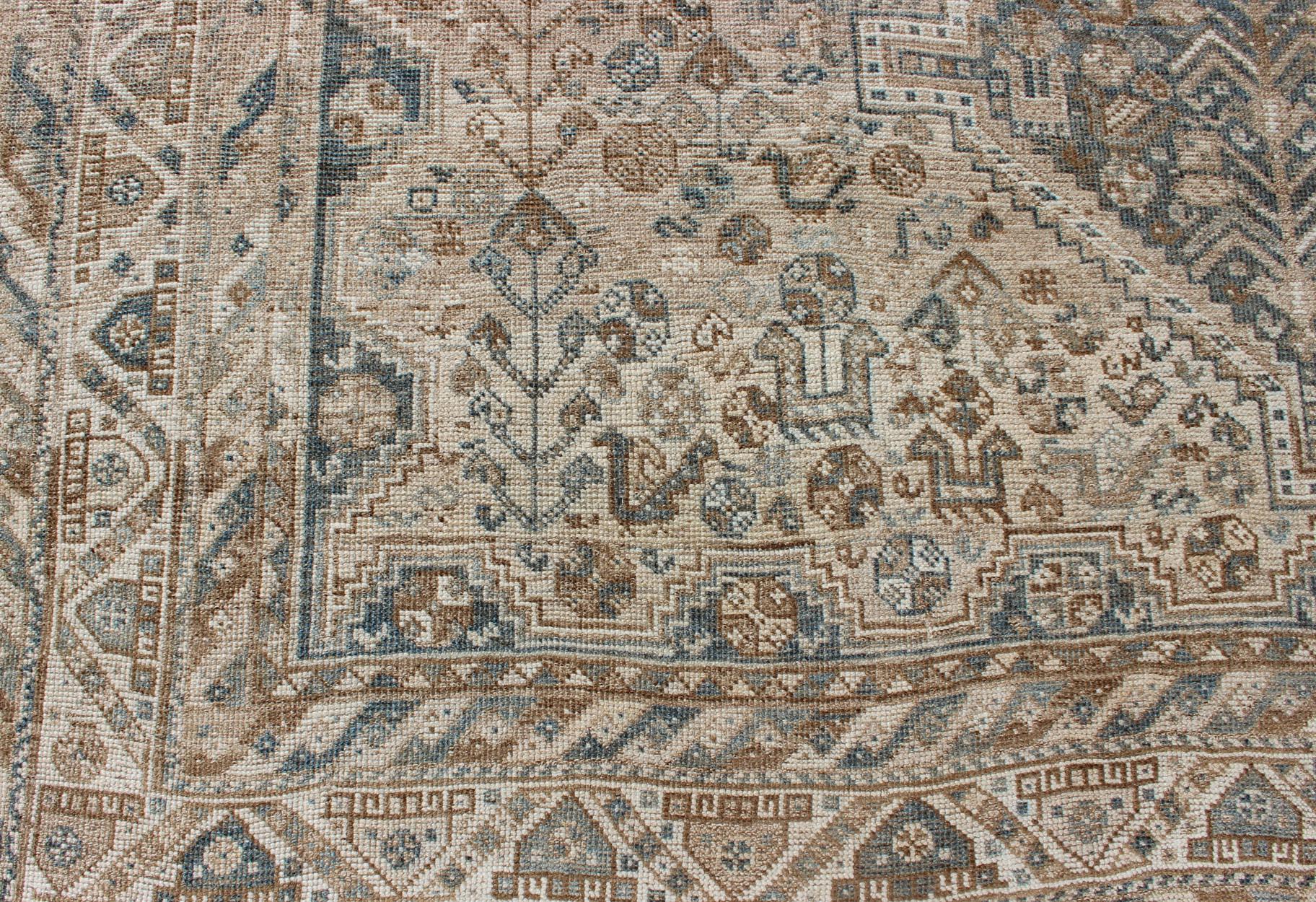 Blue/Taupe/ an Antique Persian Shiraz Rug with Tribal Geometric Medallions For Sale 5