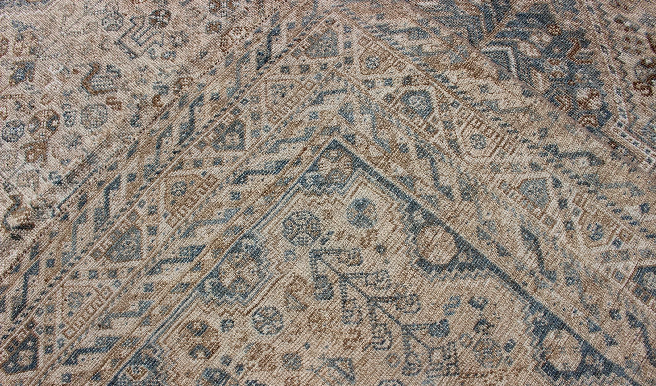 Blue/Taupe/ an Antique Persian Shiraz Rug with Tribal Geometric Medallions For Sale 7