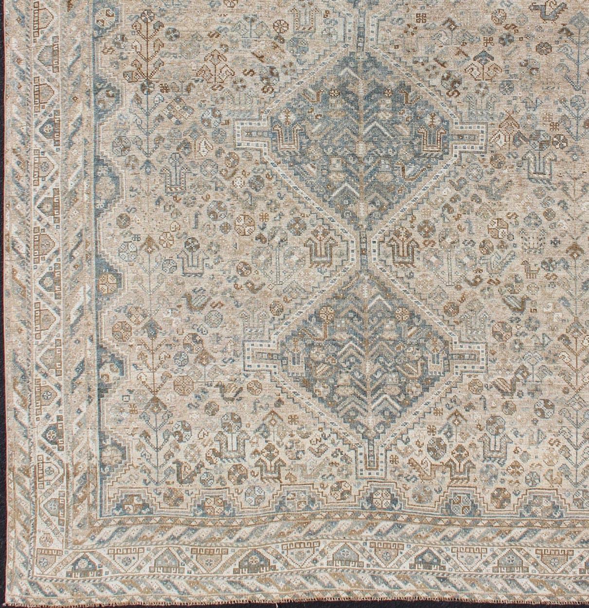 Hand-Knotted Blue/Taupe/ an Antique Persian Shiraz Rug with Tribal Geometric Medallions For Sale
