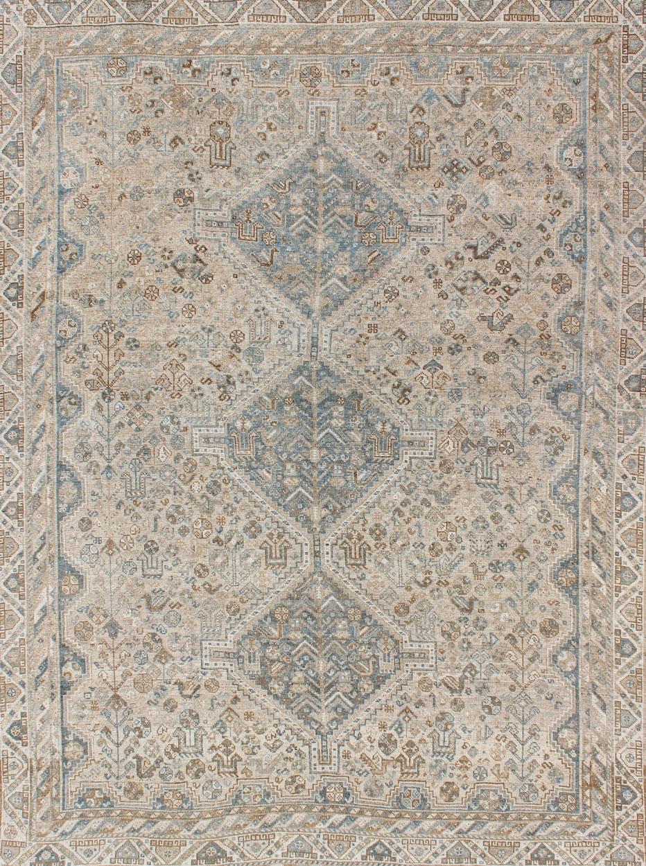 Blue/Taupe/ an Antique Persian Shiraz Rug with Tribal Geometric Medallions In Good Condition For Sale In Atlanta, GA