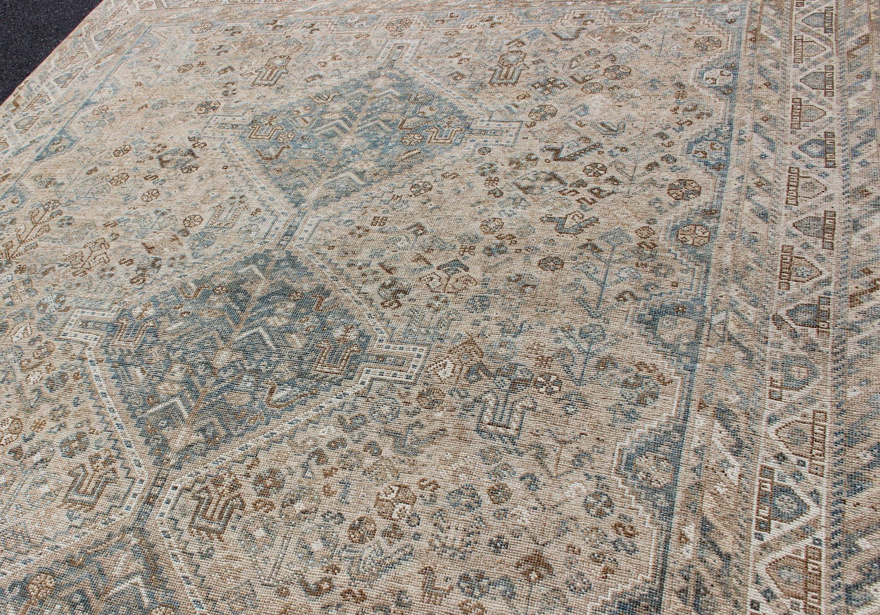 20th Century Blue/Taupe/ an Antique Persian Shiraz Rug with Tribal Geometric Medallions For Sale