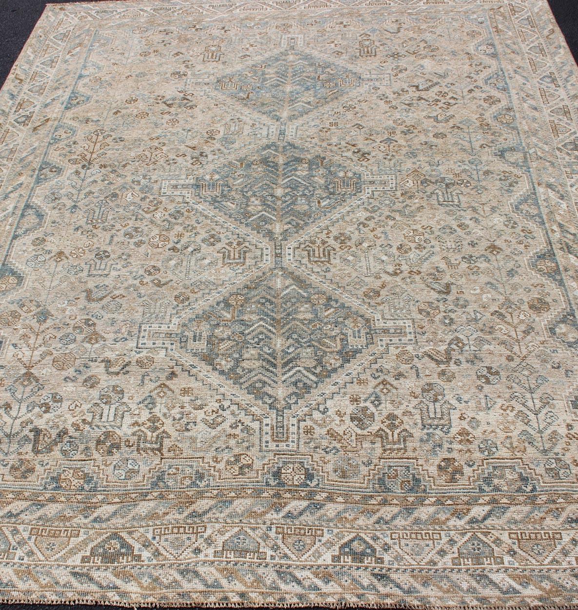 Wool Blue/Taupe/ an Antique Persian Shiraz Rug with Tribal Geometric Medallions For Sale