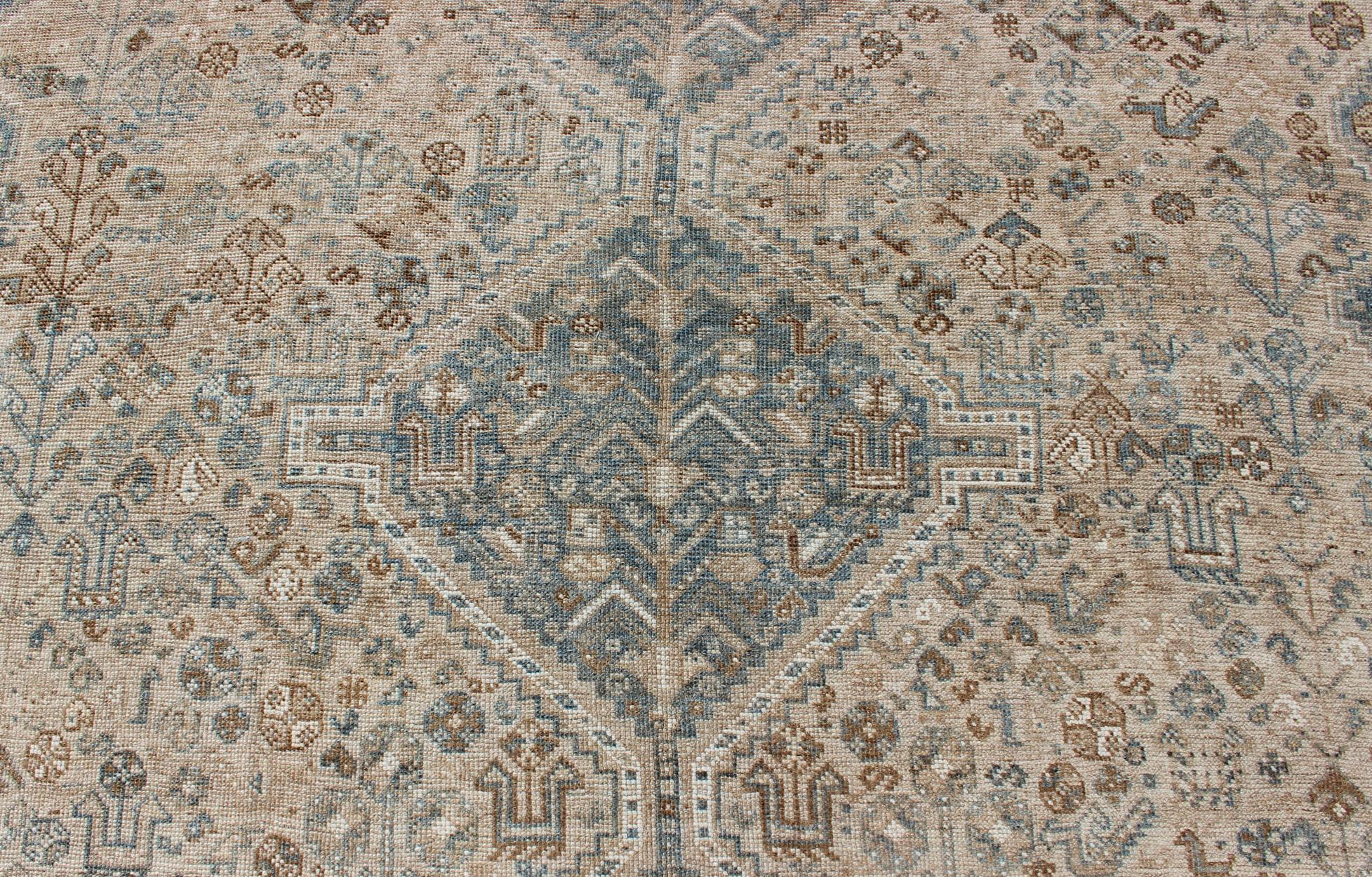 Blue/Taupe/ an Antique Persian Shiraz Rug with Tribal Geometric Medallions For Sale 2