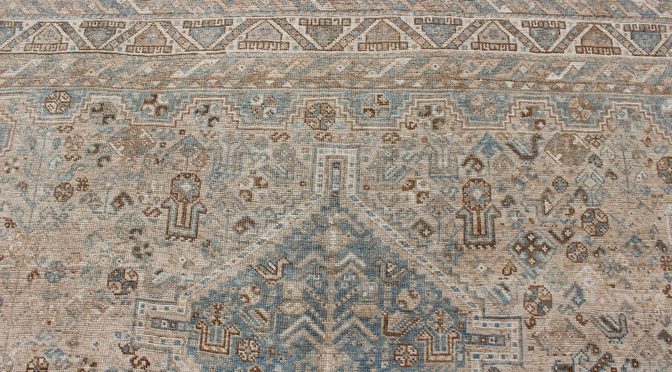 Blue/Taupe/ an Antique Persian Shiraz Rug with Tribal Geometric Medallions For Sale 3