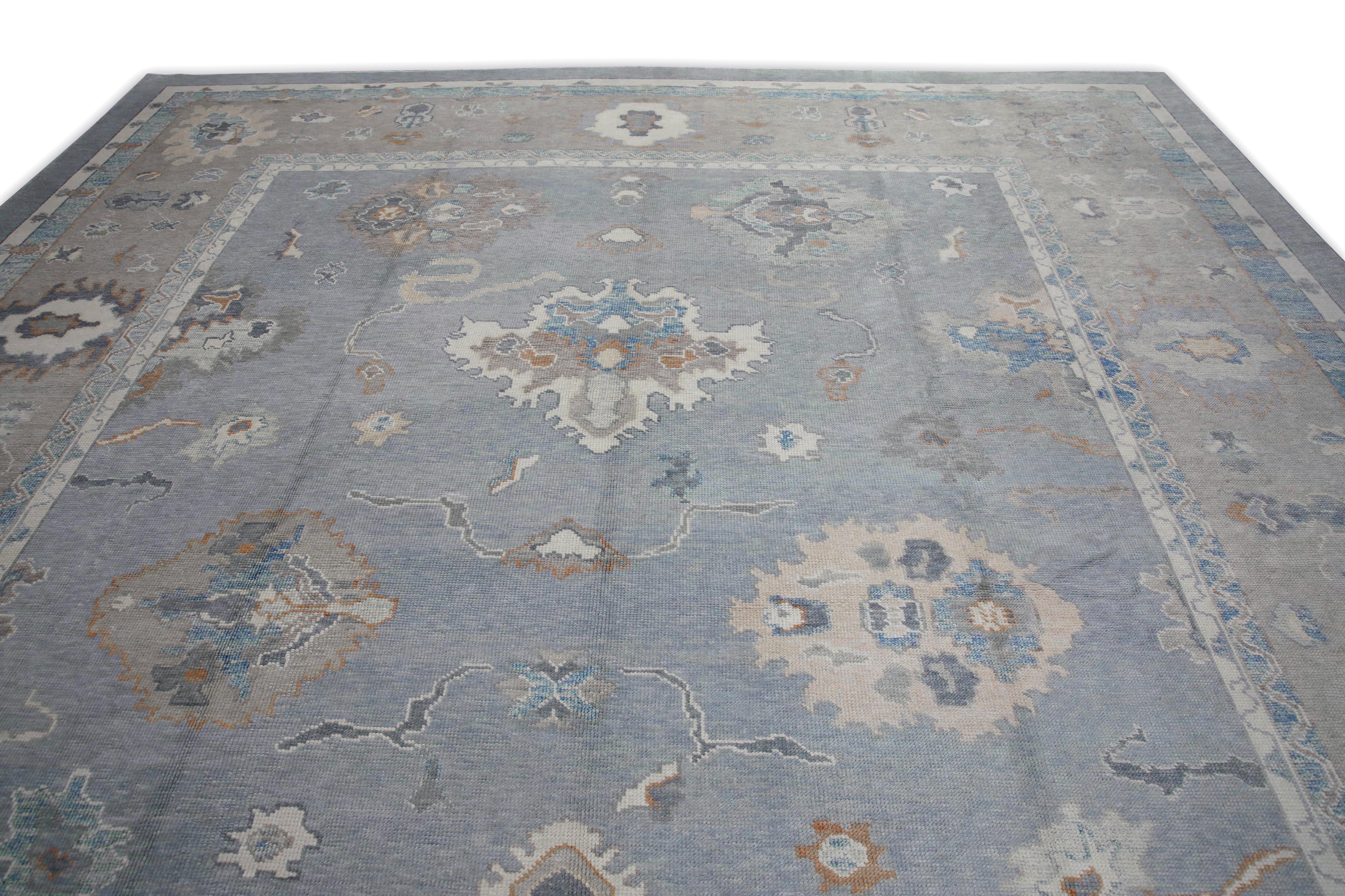 Blue & Taupe Floral Design Handwoven Wool Turkish Oushak Rug 12'3