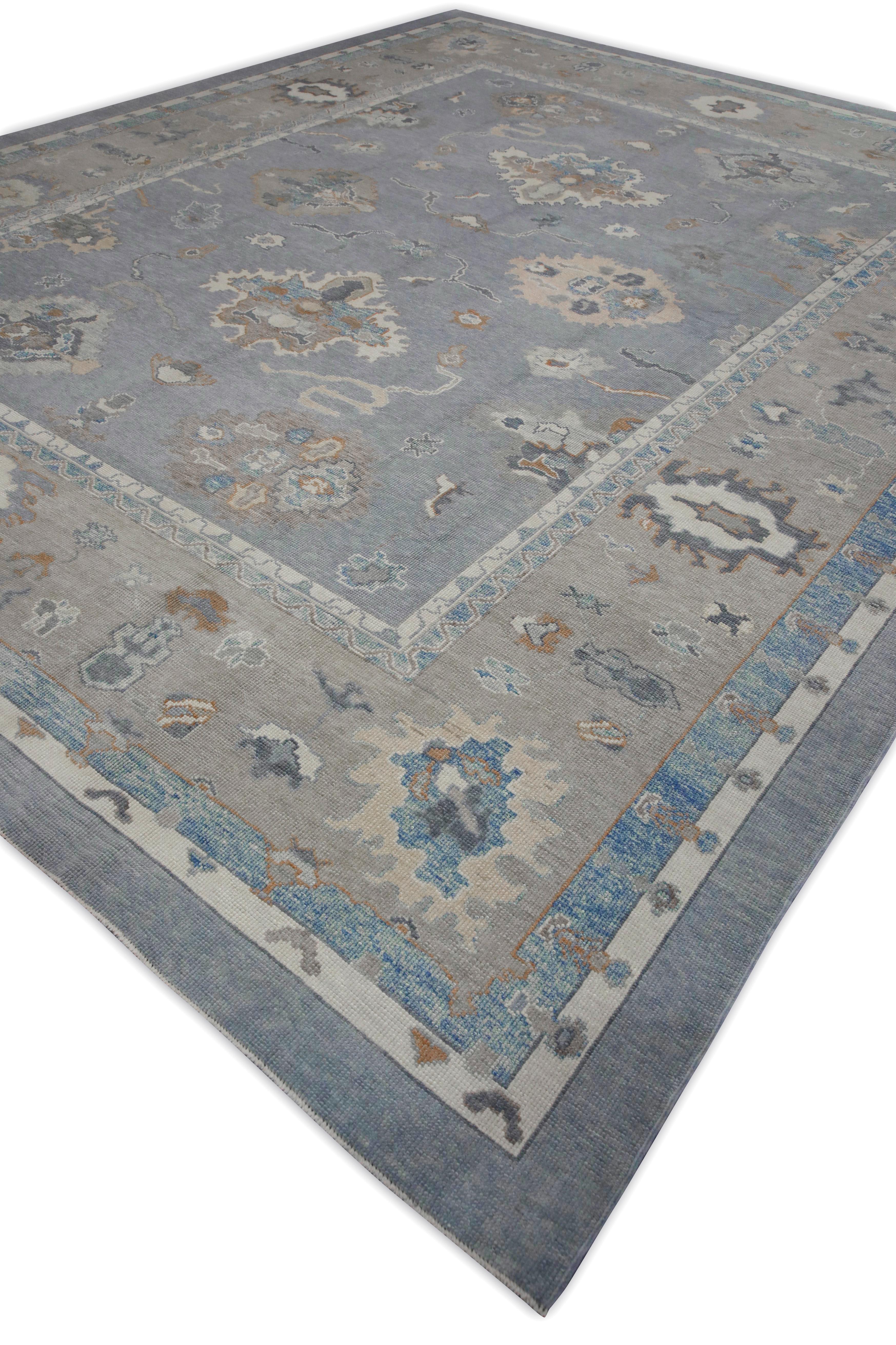 Contemporary Blue & Taupe Floral Design Handwoven Wool Turkish Oushak Rug 12'3