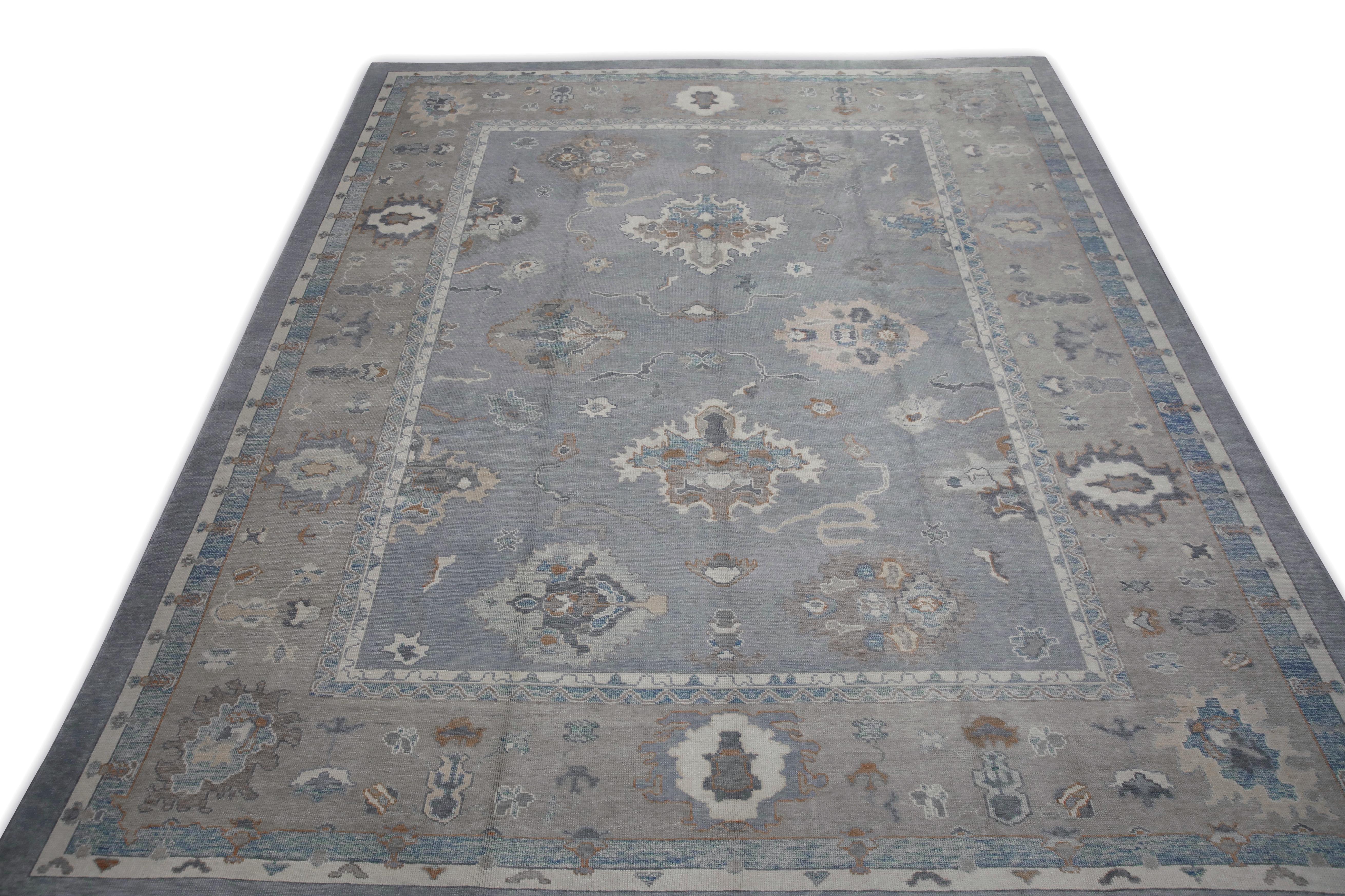 Blue & Taupe Floral Design Handwoven Wool Turkish Oushak Rug 12'3