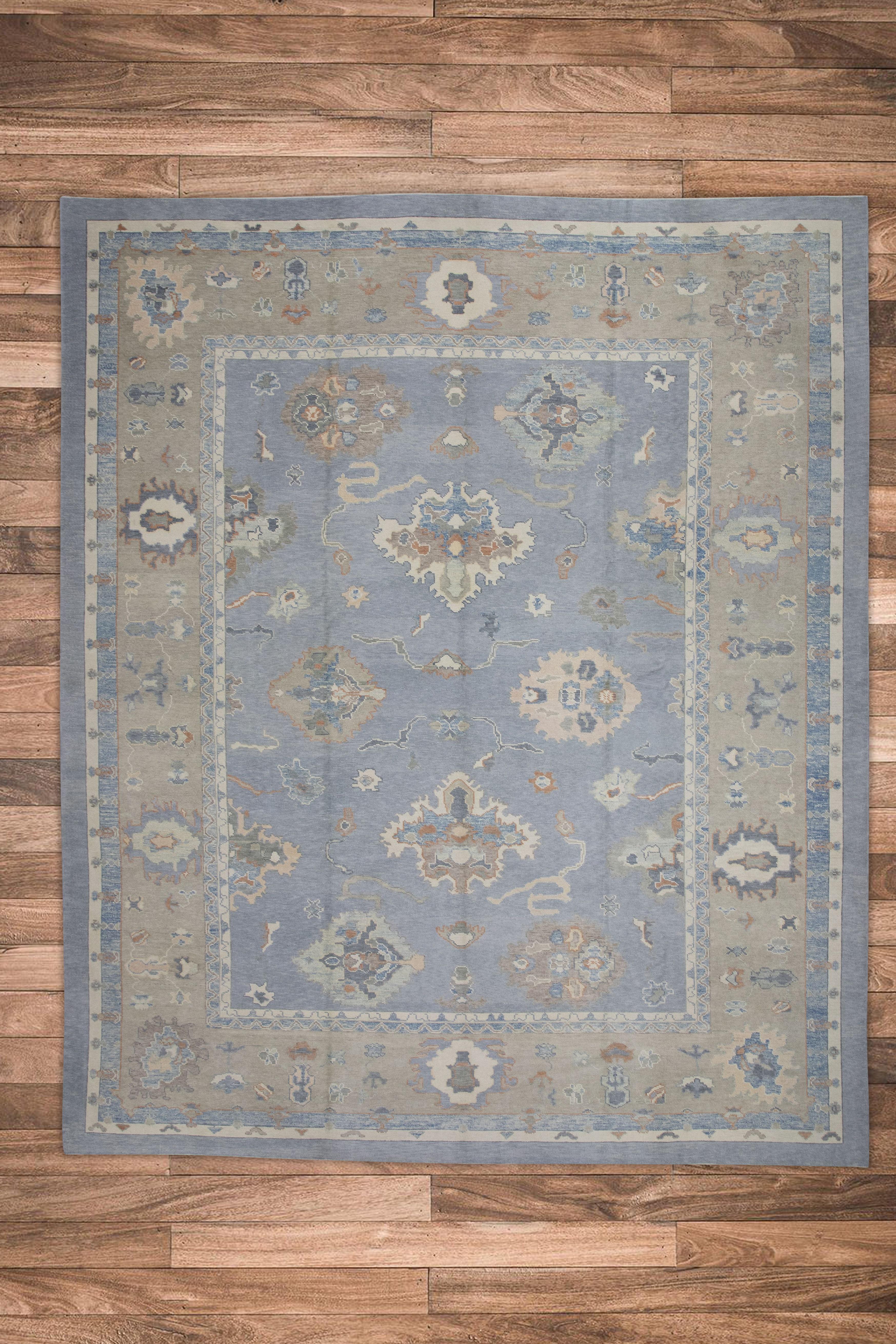 Blue & Taupe Floral Design Handwoven Wool Turkish Oushak Rug 12'3