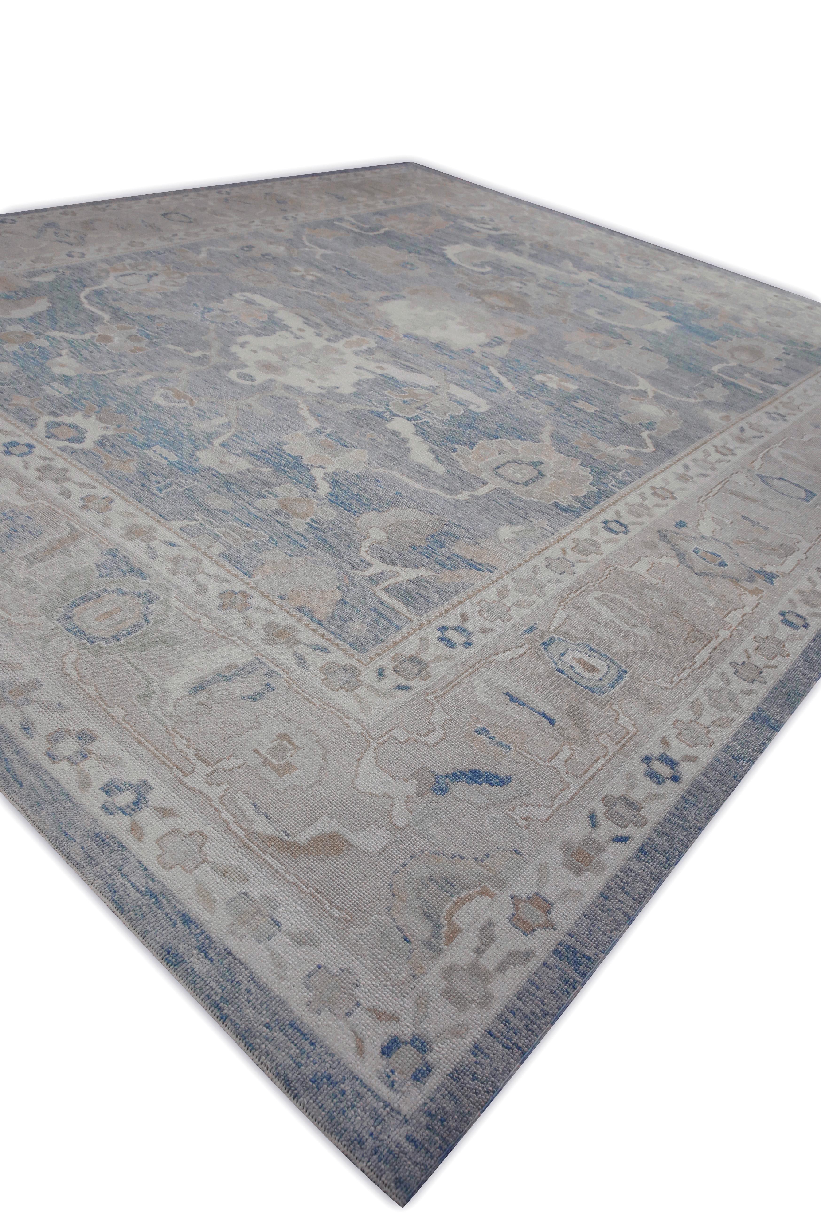 Contemporary Blue & Taupe Floral Design Handwoven Wool Turkish Oushak Rug 12'6