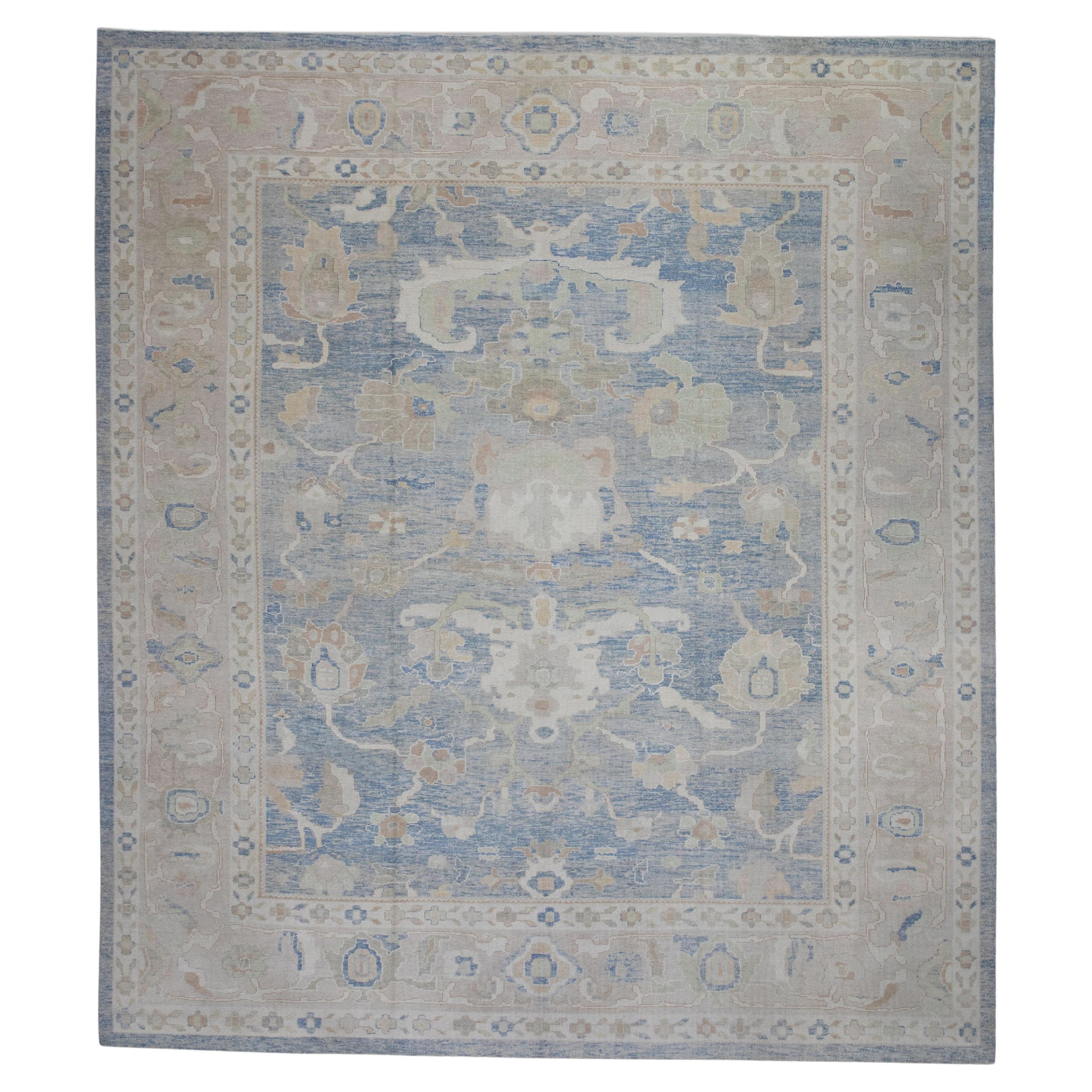 Blue & Taupe Floral Design Handwoven Wool Turkish Oushak Rug 12'6" X 14'6" For Sale