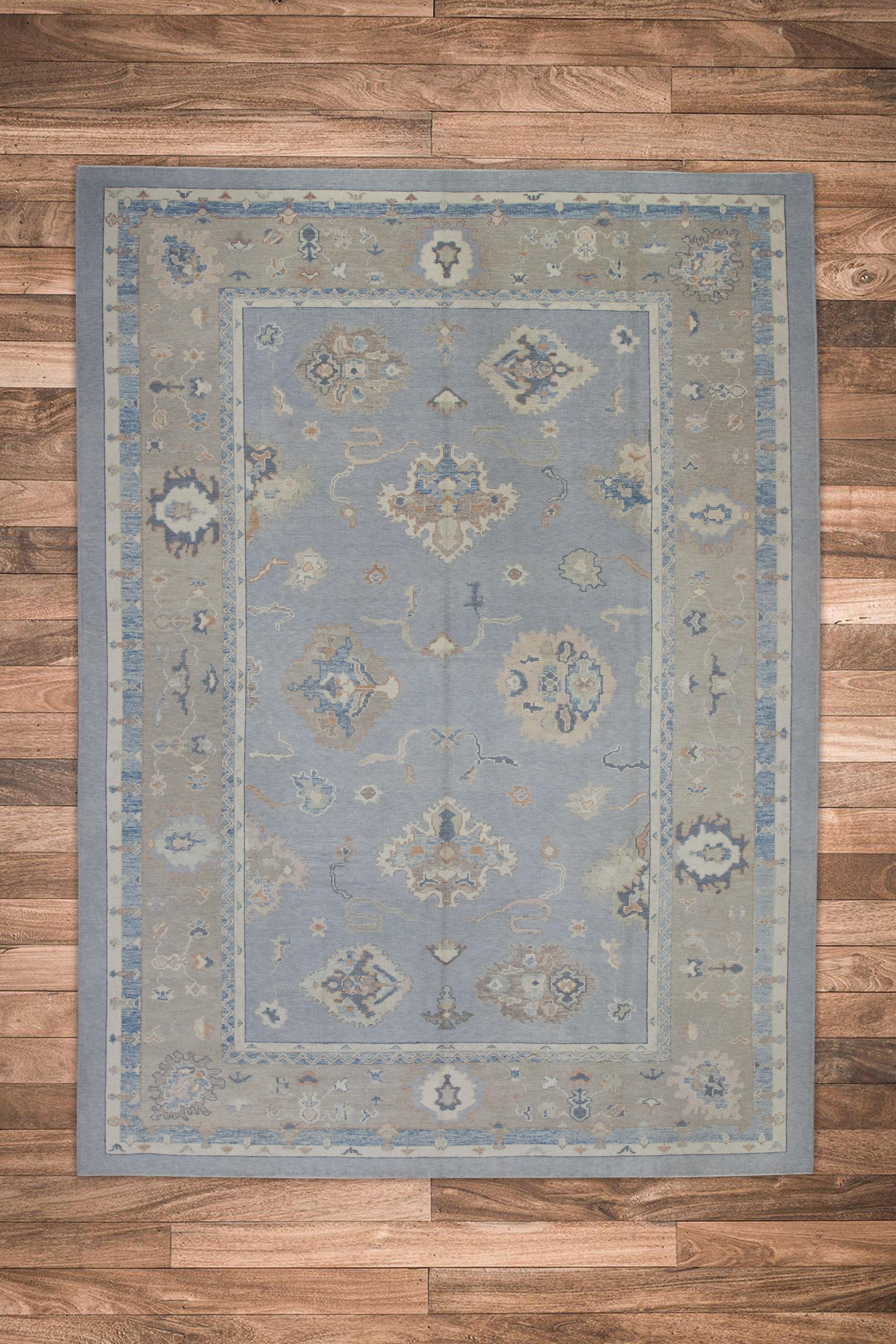 Lana Tappeto Oushak turco in lana intrecciata a mano con design floreale blu e taupe 9'9