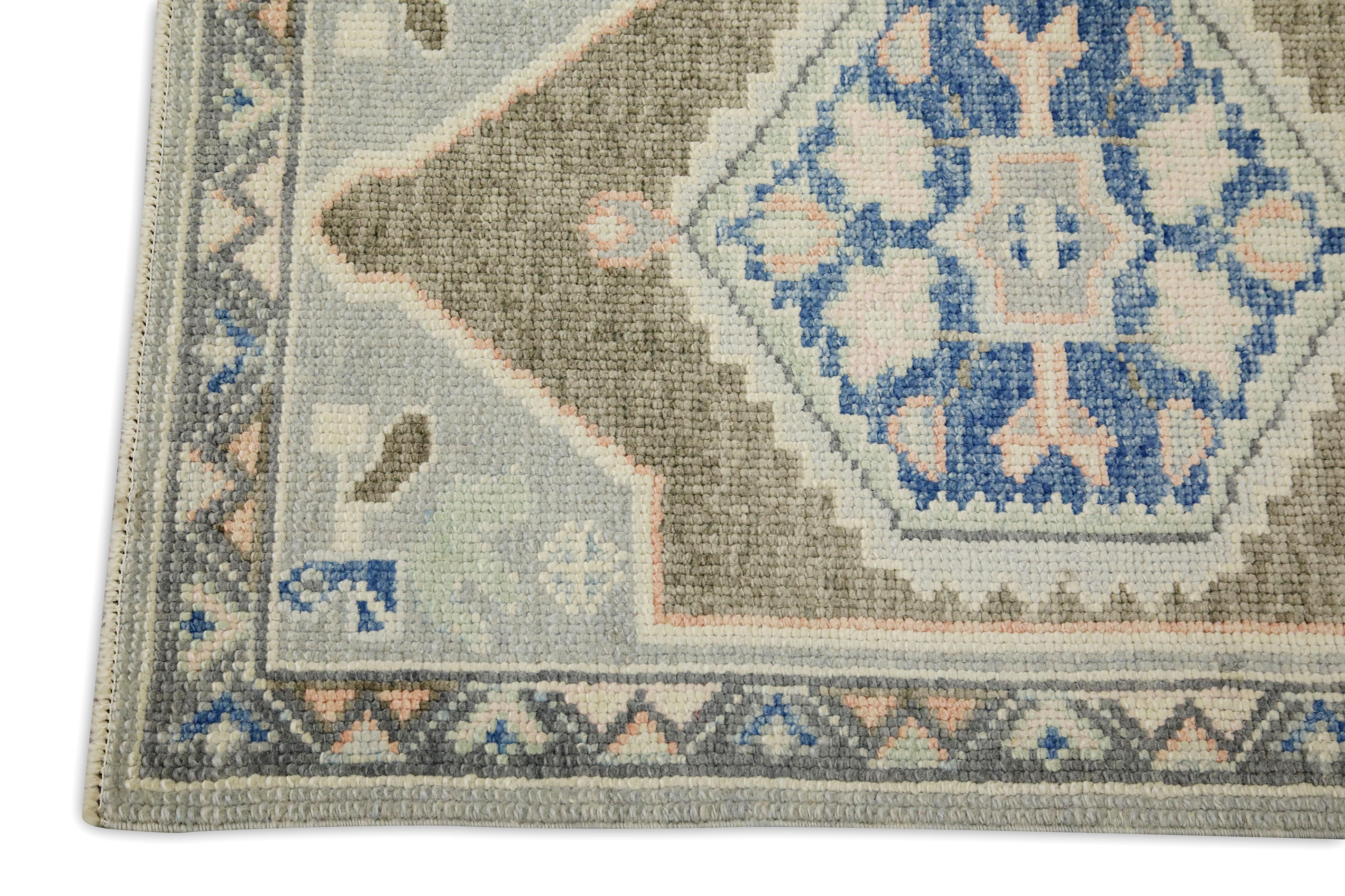 Vegetable Dyed Blue & Taupe Geometric Design Handwoven Wool Turkish Oushak Rug For Sale