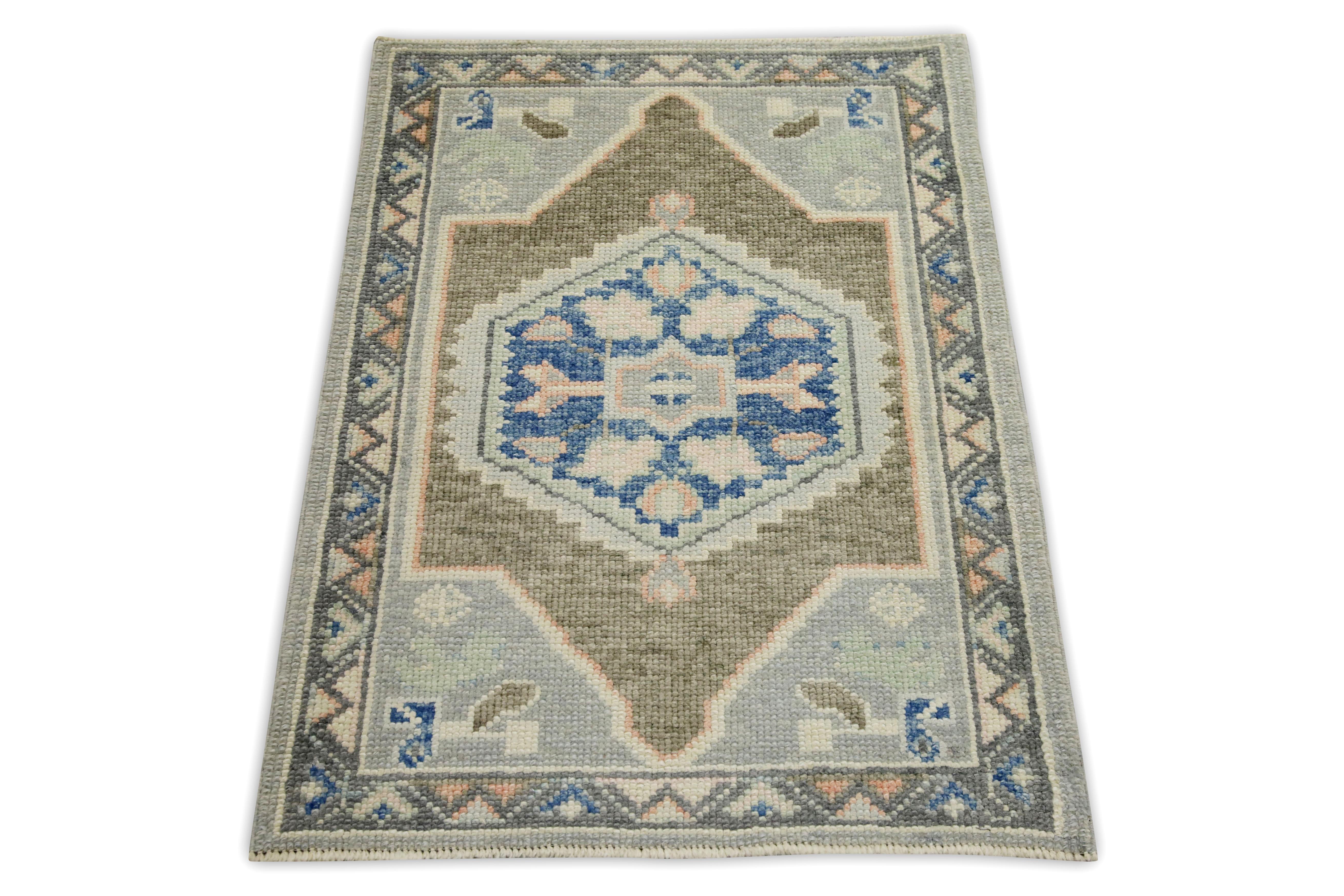 Blue & Taupe Geometric Design Handwoven Wool Turkish Oushak Rug In New Condition For Sale In Houston, TX