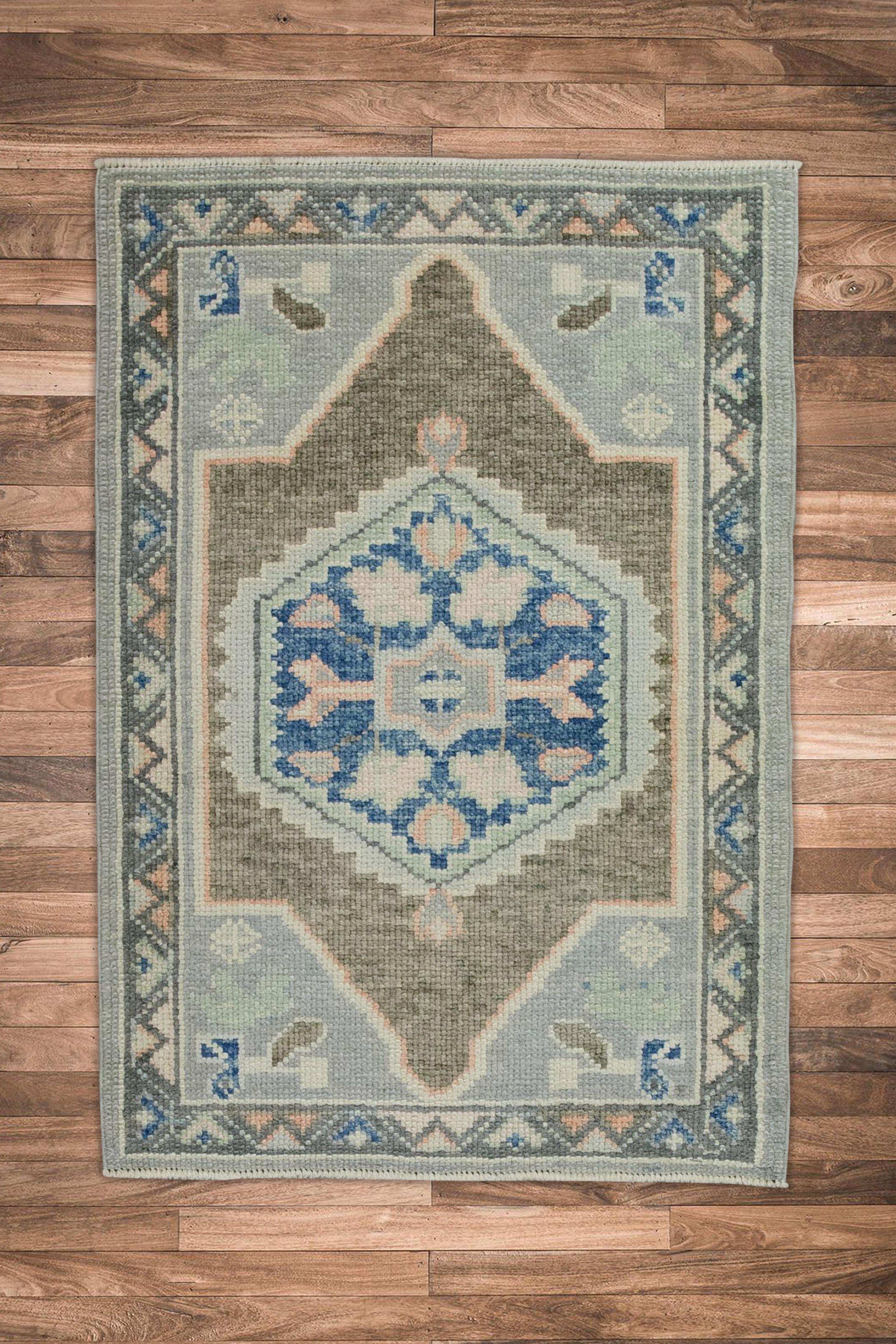 Contemporary Blue & Taupe Geometric Design Handwoven Wool Turkish Oushak Rug For Sale