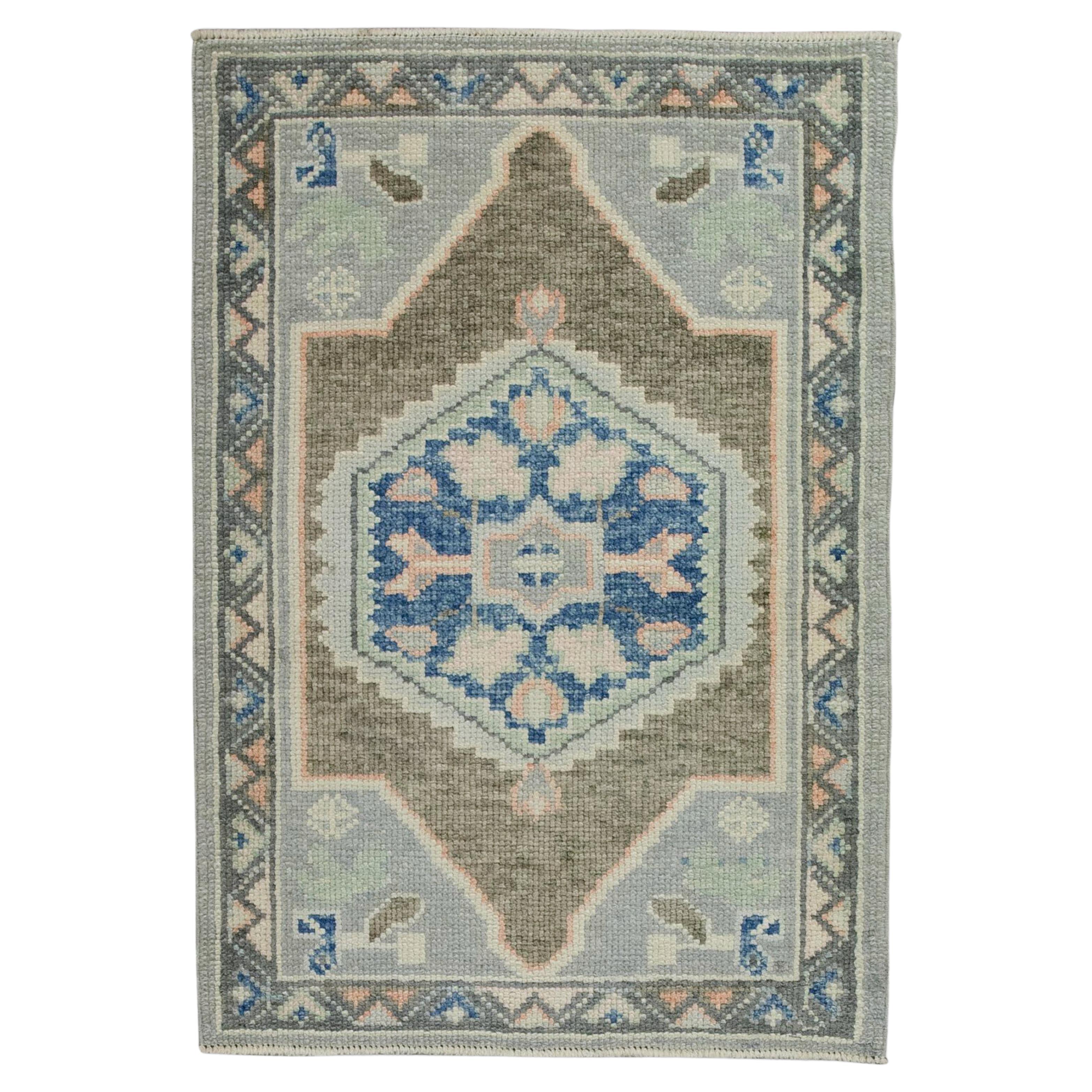Blue & Taupe Geometric Design Handwoven Wool Turkish Oushak Rug For Sale