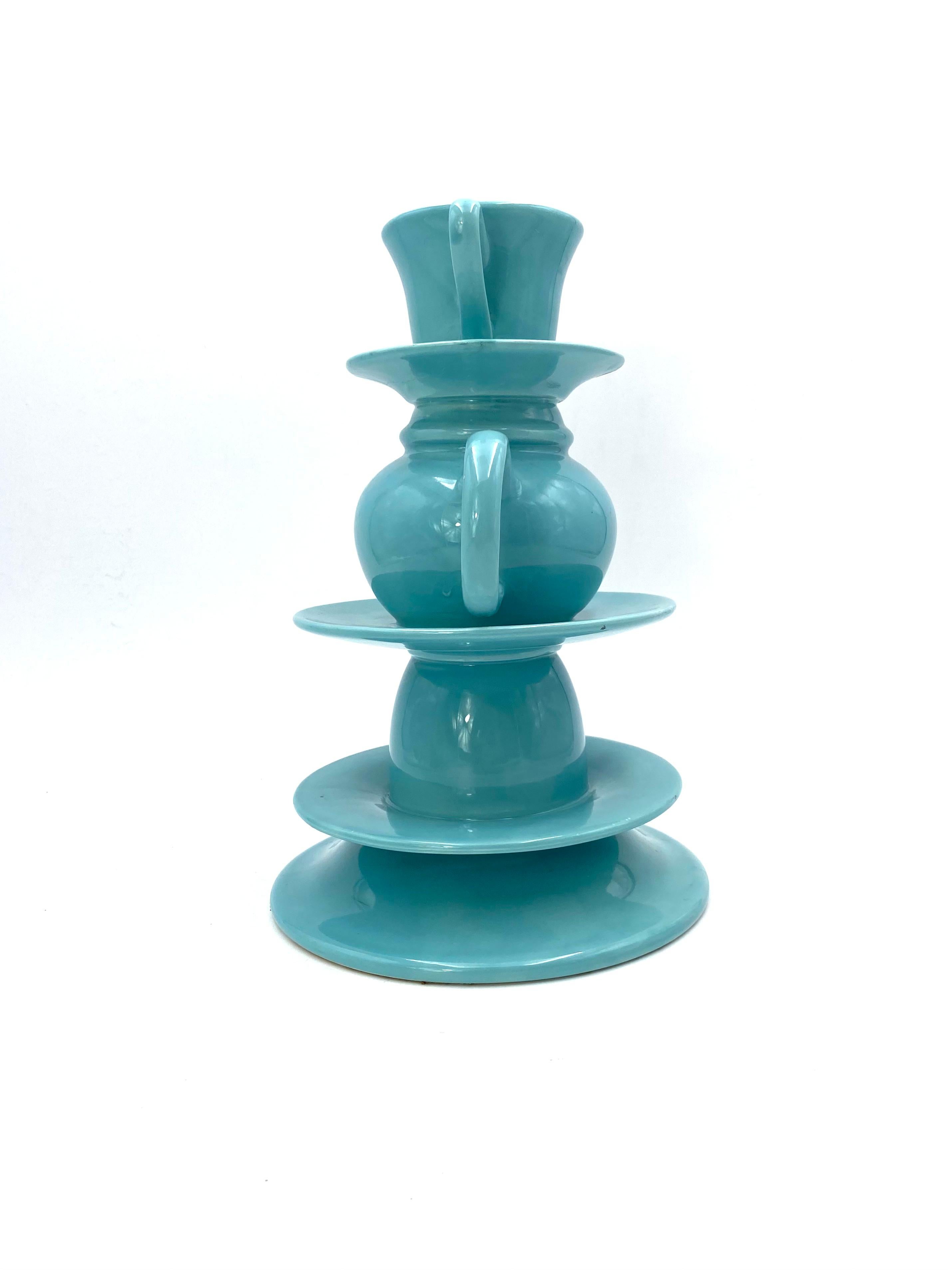 Ceramic Blue Tea Cups Stack Vase, Italy, 1980s For Sale