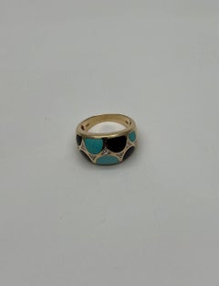 Blue Teal Turquoise & Black Onyx Diamonds 14K Yellow Gold Statement Dome Ring
