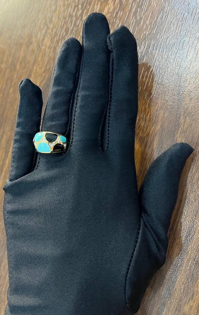 Mixed Cut Blue Teal Turquoise & Black Onyx Diamonds 14K Yellow Gold Statement Dome Ring For Sale