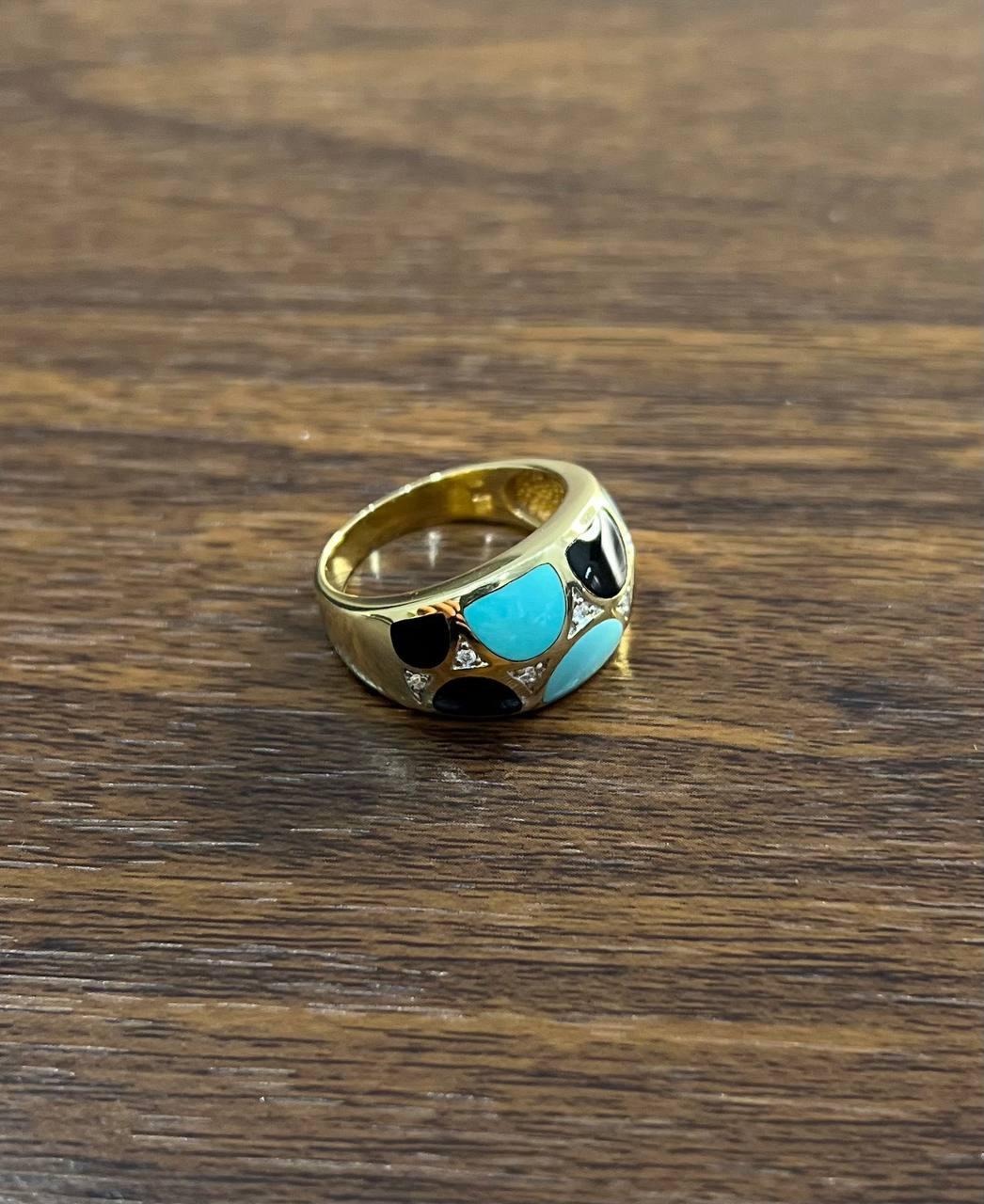 Women's Blue Teal Turquoise & Black Onyx Diamonds 14K Yellow Gold Statement Dome Ring For Sale