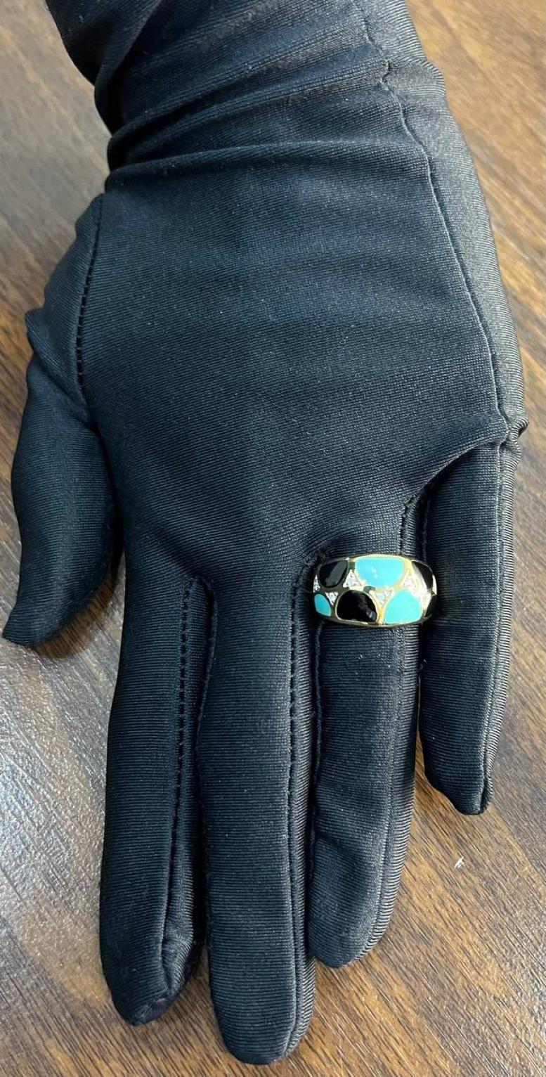 Blue Teal Turquoise & Black Onyx Diamonds 14K Yellow Gold Statement Dome Ring For Sale 1