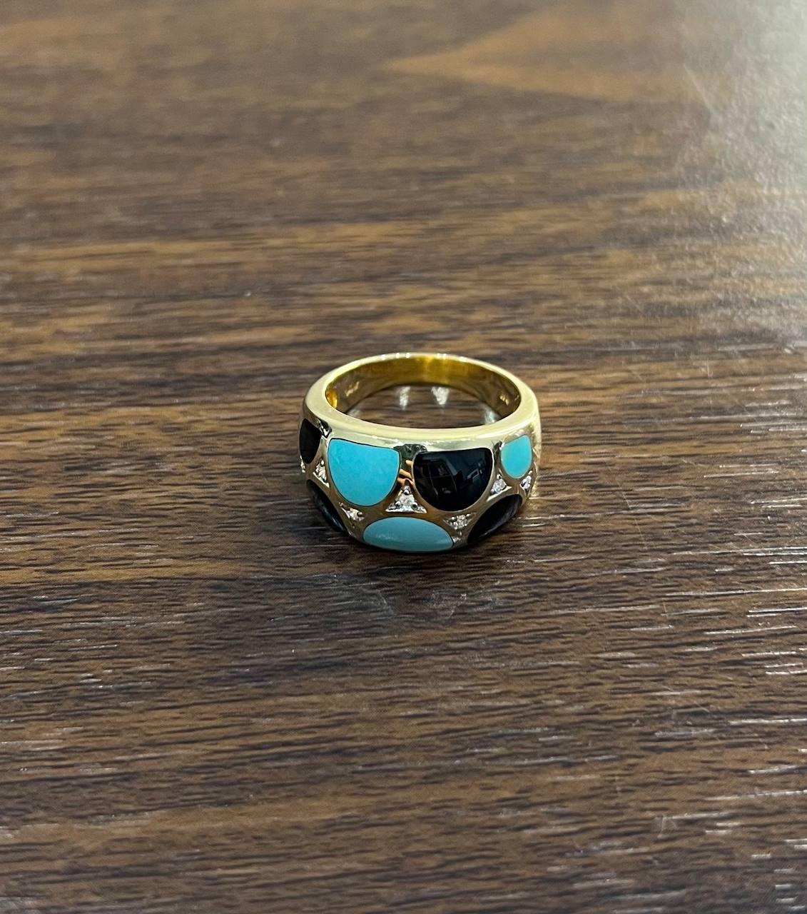Blue Teal Turquoise & Black Onyx Diamonds 14K Yellow Gold Statement Dome Ring For Sale 2