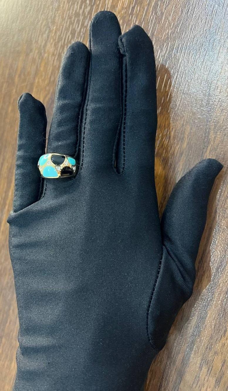 Blue Teal Turquoise & Black Onyx Diamonds 14K Yellow Gold Statement Dome Ring For Sale 3