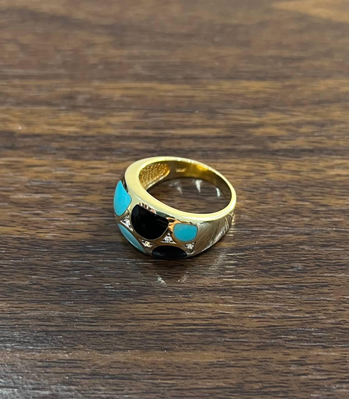 Blue Teal Turquoise & Black Onyx Diamonds 14K Yellow Gold Statement Dome Ring For Sale 4