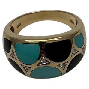 Blue Teal Turquoise & Black Onyx Diamonds 14K Yellow Gold Statement Dome Ring